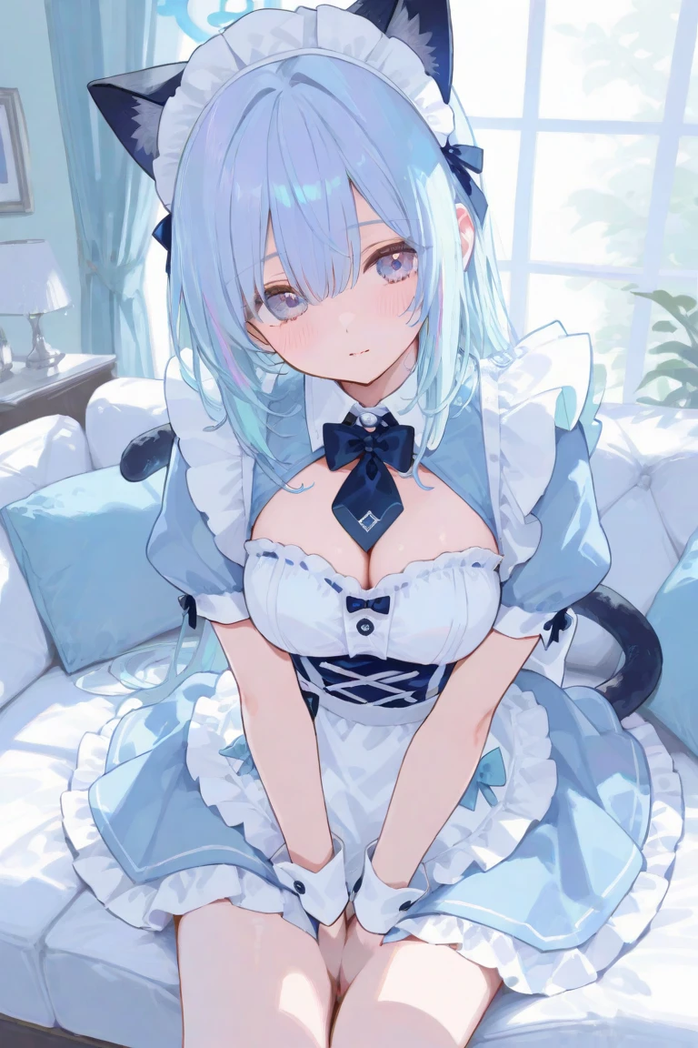 A cute house that looks like a small cabin in the forest,glass coffin in front of the house,A woman is sitting in a glass coffin,fluffy hair,Shortcut Hair,hair band with big ribbon,white, Blue, Red and yellow dress,Voluminous princess dresses,Princess Snow White,White snow,Plump, Glossy, slightly red lips,Her chest is wide open and you can see her cleavage.,Slightly red tide,