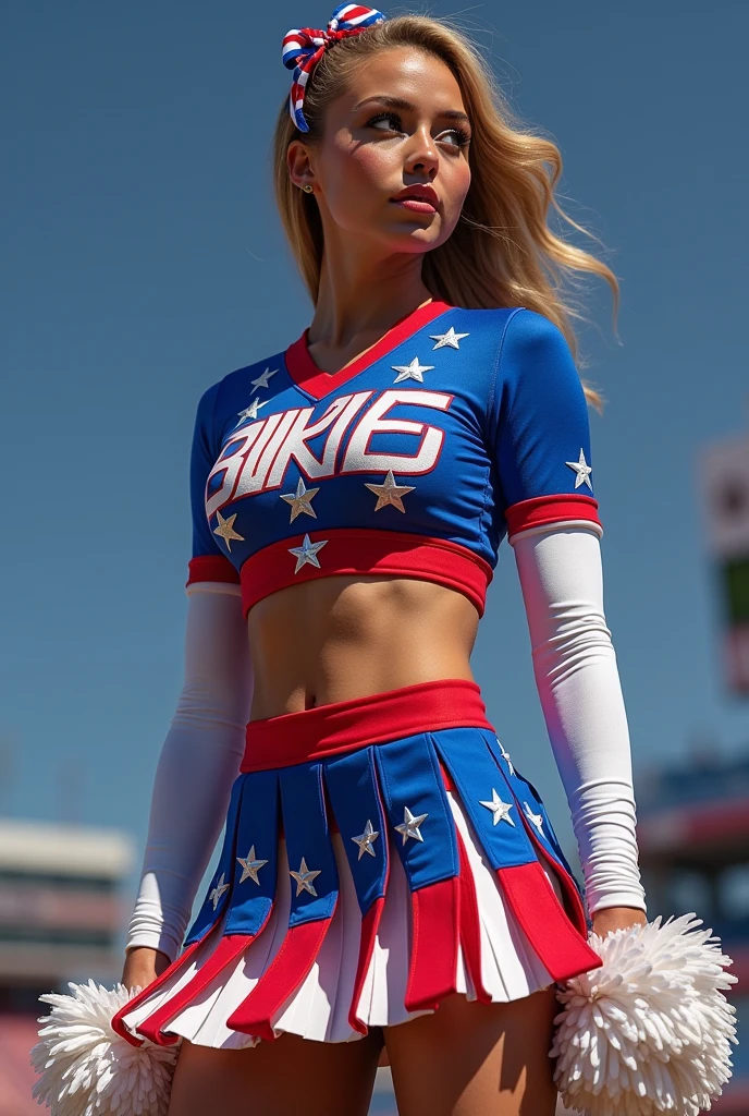 ((1girl)),8k,RAW Portrait,Japan person,Ultra high definition,Best quality,BREAK (cheerleader, perfect beautiful face, white hair, winking eyes, wet lips, super big, short cheerleading clothes, no bra, psyllium, slim, huge hips), break (natural skin texture, detailed skin, hyper realism, super sharpness), intricate details, high resolution, natural light, 18 years old、