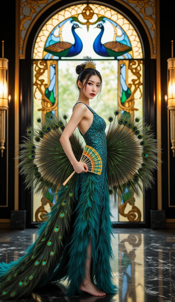 photoillustrasion of double exposure of merged, a woman in cheongsam dress, a live peacock (transparency effect of peacock images fit on her cheongsam), seamless mix, texture and pattern, tranparency effect, dramatic shadows, dramatic lights, interlacing elements, fit-image on her cheongsam-dress, side view, fantasy art, digital manipulated photo art