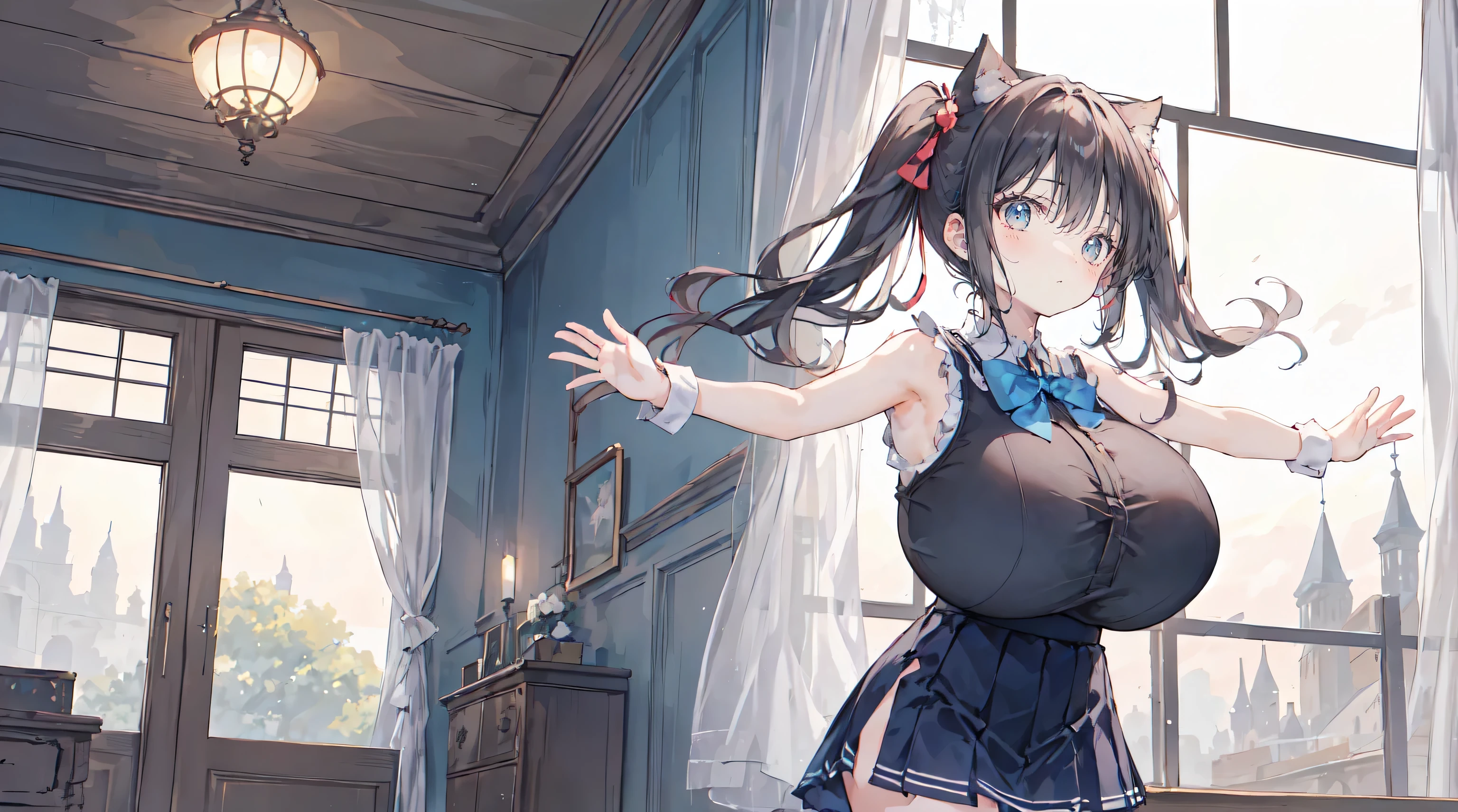 (height_difference:1.5), (size_difference:1.2), girls bedroom, fluffy, cute, (2girls:1.7), (giantess:1.3), (breasts and face closeup), smug, :o, smiling, happy, solo, female focus, (cute sexy dress: 1.3), cleavage, shiny skin, a crowd of people on a table below the breasts of a giantess, a crowd of people on a platform in front of the breasts of a giantess, (multiple_girls:1.5), (rear end:1.4), (minigirl:1.4), (minigirl on a table: 1.2), (cute dress: 1.2)