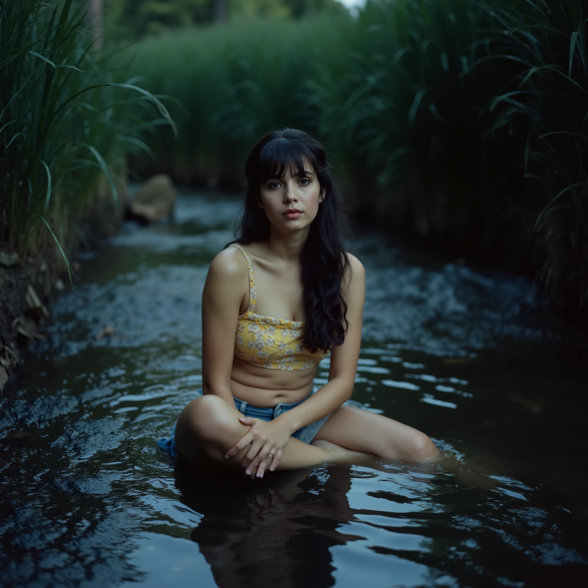 A young Latina woman sitting in a shallow, crystal-clear stream surrounded by tall, damp grass and shadowed vegetation. She wears a pale yellow floral spaghetti strap top and faded denim shorts. Her long, dark wavy hair is styled in a loose side ponytail with soft bangs partially covering her forehead. She sits with one leg gently crossed, her hands resting over her knee, gazing contemplatively toward the camera with a subtle, melancholic expression. The lighting is dramatic and moody, with cool, bluish tones dominating the color palette. Soft natural light filters through overcast skies or dense foliage above, casting diffuse, directional shadows. Reflections in the water shimmer with silvery highlights, contrasting against the deepened shadows on her skin and surroundings. Photorealistic detail captured using different camera styles:— Film Camera (Kodak Ektachrome E100): cooler color grading, subtle film grain, and ethereal tones with a cinematic, introspective mood. The entire atmosphere suggests a quiet, reflective moment in nature, with visual tension between the peaceful water and the emotional weight of the lighting. Cool gel tones and soft lens effects reinforce the dramatic aesthetic.