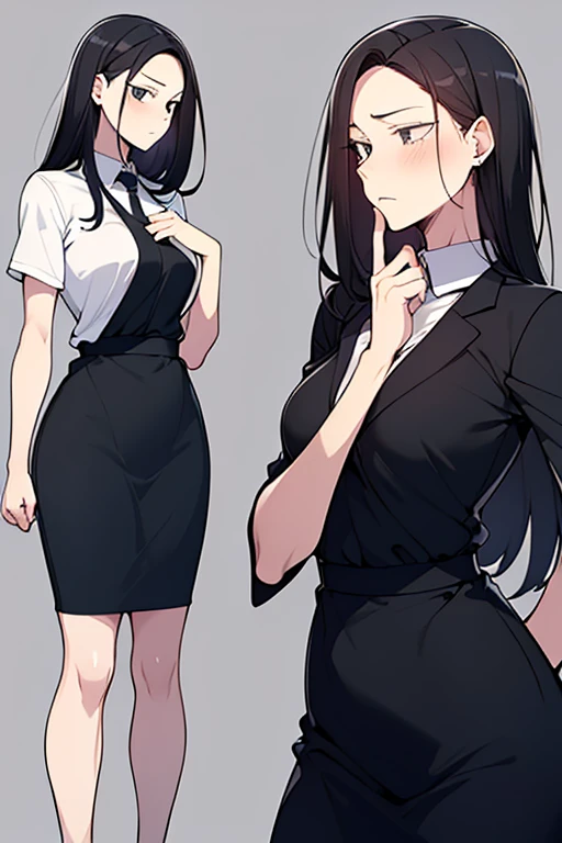 View from directly behind:1.9 Close-up on the back of the head:1.9. Back:1.9 Women I am very surprised:1.9 Sweat Apartment Room Full body view High ponytail:3.6 Working adult, white collared shirt, 3/4 sleeves, black skirt, black jacket, short black hair, straight hair, hair tie Brown eyes, tall, strong-willed, tall and slender, large breasts, narrow eyes, beautiful