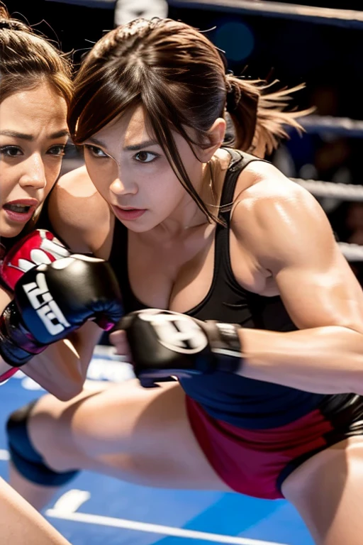 ((ultra-detailed faces))((aggressive fight between two girls)) ((English punch))((GIRL 1, sensuous, boobies, young asian origin, muay thai, Bblack hair, wearing a yellow panties, topless, bruised, blood spatter on breasts)) ((Girl 2, young german girl blond and braided hair ,sensuous )) Are fighting intensely, a lot of anger and fury, socos e chutes muito sangue e sensuousidade, ringue de muay thai