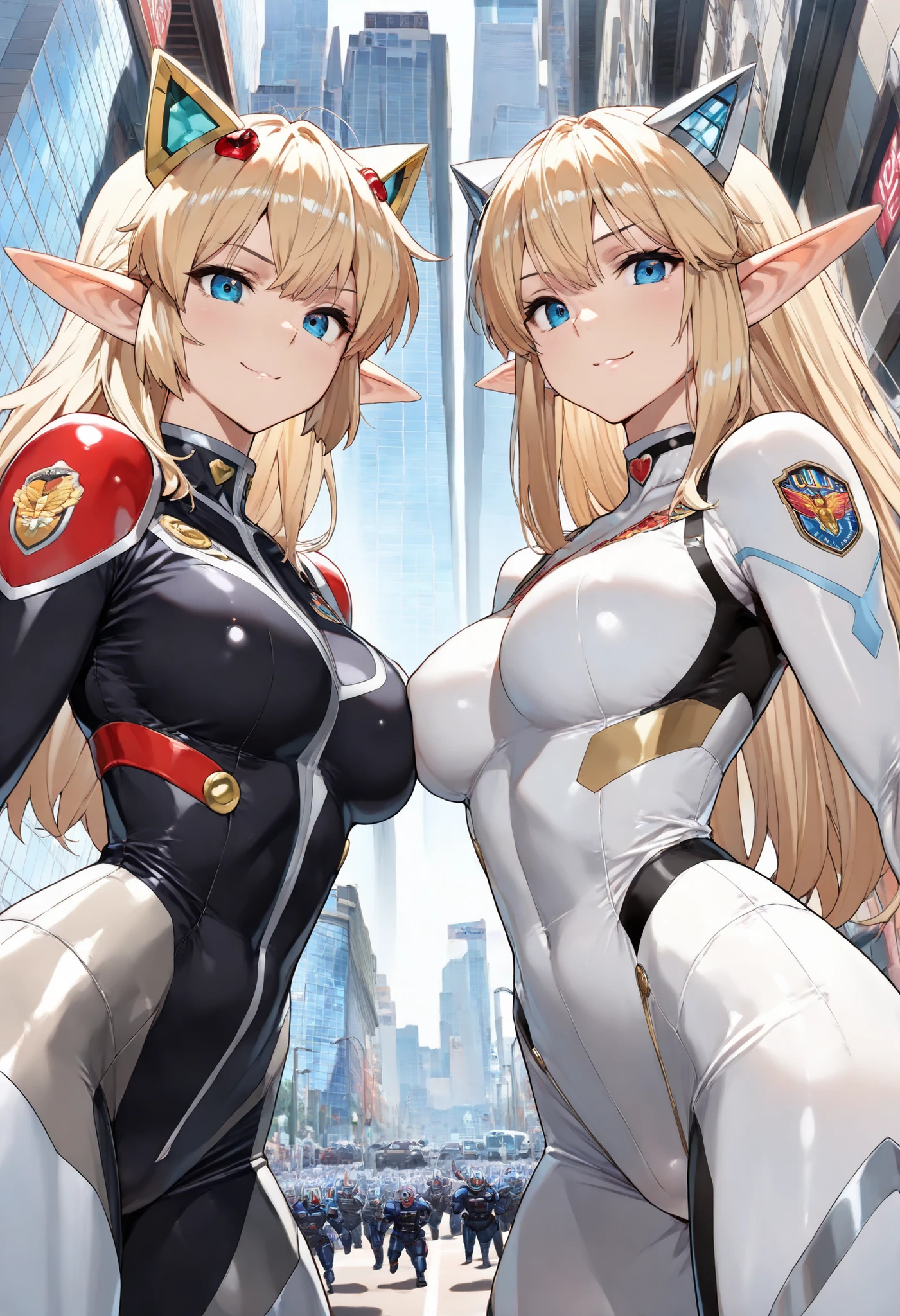 (超high resolution, retina, masterpiece, accurate, anatomically correct, SUPER DETAILS, Advanced Details, high resolution,perfect anatomy, super ultra detail, 超high resolution:1.5)、Iksar 1, Battle of Pretty Girls Android, blonde long hair in the building, wolf cut hairstyle, long elf-like ears, Black combat uniform, Laser Sword, Super alloy ,  Ixar Robo , サンライズのAnimated worksの様なデザイン, GIANT ROBOT, Cool standing pose, Enemy robots, battle scene, The blathead, Animated works, Big city background, (very beautiful face:1.5), (Beautiful face with perfect symmetry:1.2), (perfect anatomy), (natural breasts), ACTION POSE, (dynamic angle:1.3)、(natural light:1.3)、最High Quality、masterpiece、Official Art、High Quality、high resolution、epic scene, very detailed、Thorough、超high resolution、8k, Professional Quality、perfect lighting、解剖学的にaccurate、