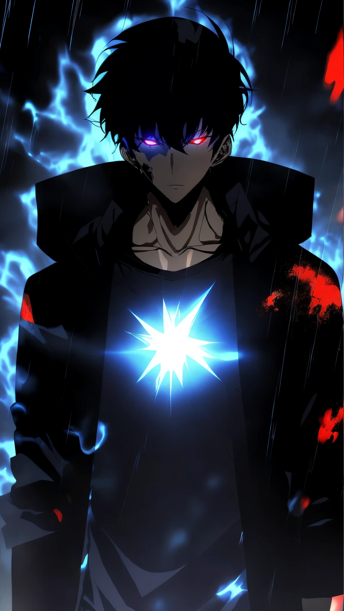"Ultra-detailed, 8K masterpiece portrait of a solo male character inspired by Kaneki Ken from Tokyo Ghoul, in the art style of Solo Leveling. White short hair, red glowing eyes, pale skin, cinematic lighting, strong depth of field. Wearing a black hood up, drenched in rain, standing alone in a dark Tokyo cityscape. Bangs covering part of face, intense gaze looking at viewer, moody and dramatic expression. Dark nail polish, luxurious fabric textures on clothes, ray tracing reflections, ultra-sharp details, high contrast shadows, ethereal atmosphere. Solo focus, male protagonist aesthetic, anime style with a modern, powerful twist."