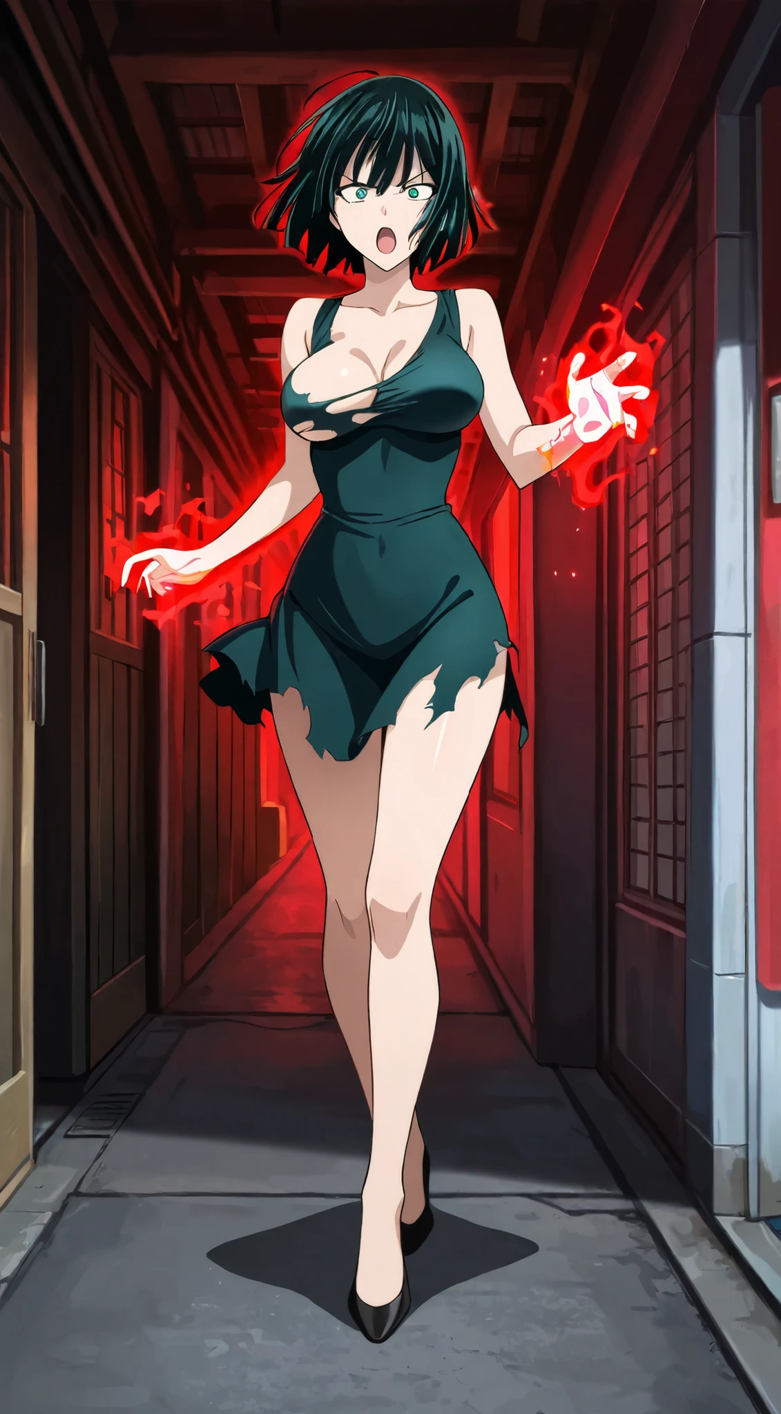 masterpiece, better quality, indoor, cinematic lighting, amazing quality, very aesthetic, absurdress, better quality, 4k, is upscale, Fubuki, Main outfit , One, open mouth, wicked vein, tsundere, wicked, turns red, telekinesis, outdoor, Levitation , full body, TORN NAKED BREASTS ,