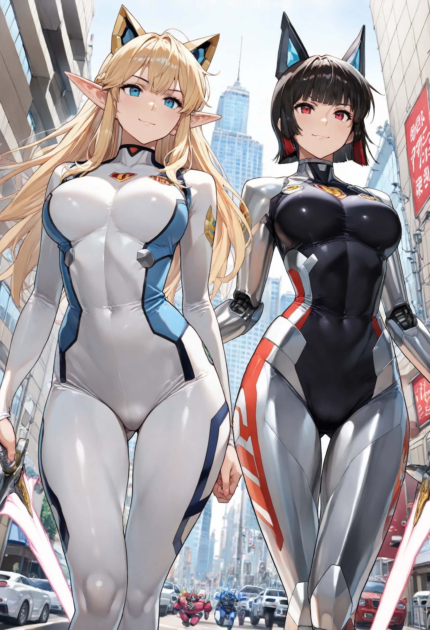 (超high resolution, retina, masterpiece, accurate, anatomically correct, SUPER DETAILS, Advanced Details, high resolution,perfect anatomy, super ultra detail, 超high resolution:1.5)、Iksar 1, Battle of Pretty Girls Android, blonde long hair in the building, wolf cut hairstyle, long elf-like ears, Black combat uniform, Laser Sword, Super alloy , Ixar Robo , サンライズのAnimated worksの様なデザイン, GIANT ROBOT, Cool standing pose, Enemy robots, battle scene, The blathead, Animated works, Big city background, (very beautiful face:1.5), (Beautiful face with perfect symmetry:1.2), (perfect anatomy), (natural breasts), ACTION POSE, (dynamic angle:1.3)、(natural light:1.3)、最High Quality、masterpiece、Official Art、High Quality、high resolution、epic scene, very detailed、Thorough、超high resolution、8k, Professional Quality、perfect lighting、解剖学的にaccurate、