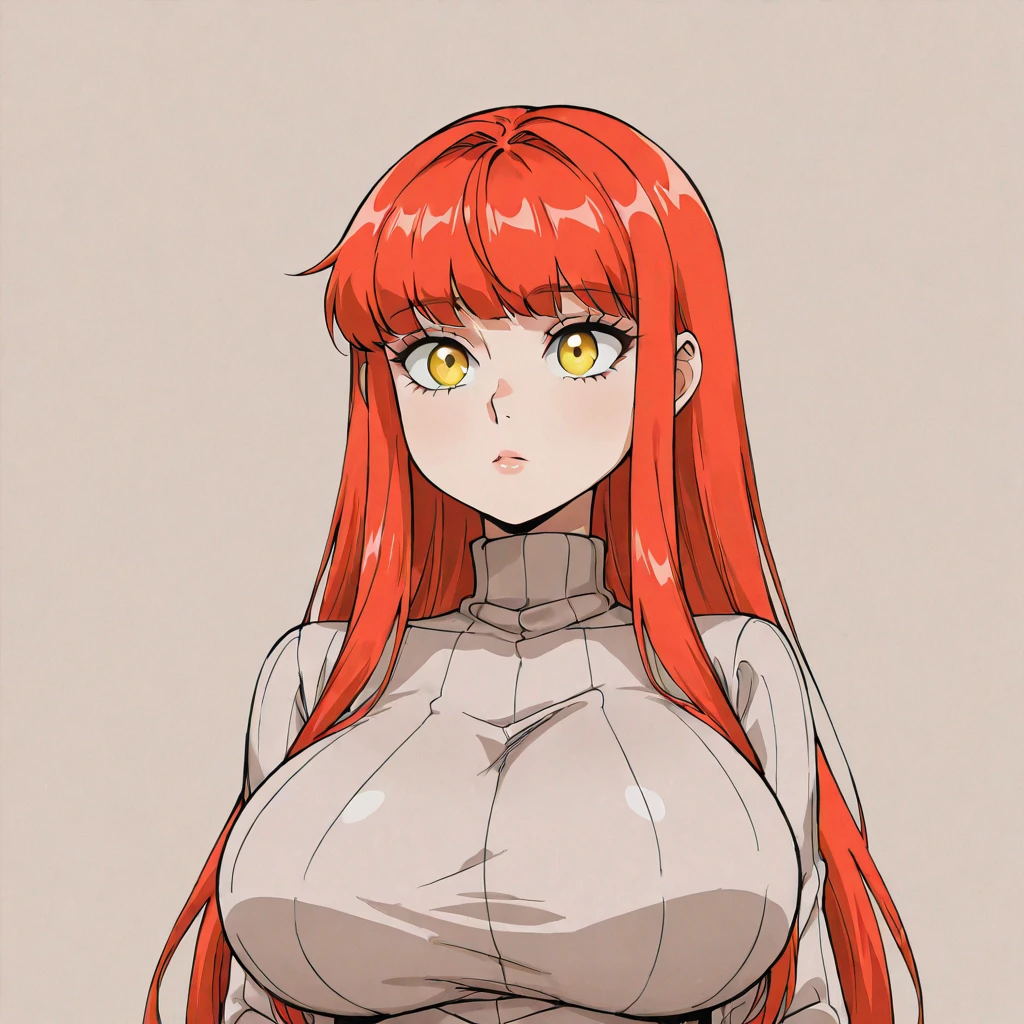 masterpiece, best quality, 1girl, solo, standing, parted lips, <lora:megao3rd-artist-richy-v1:1> huge breasts, looking at viewer, ribbed sweater, sweater dress, turtleneck,  sagging breasts, covered nipples, red hair, twintails, very long hair, yellow eyes, hair scrunchie