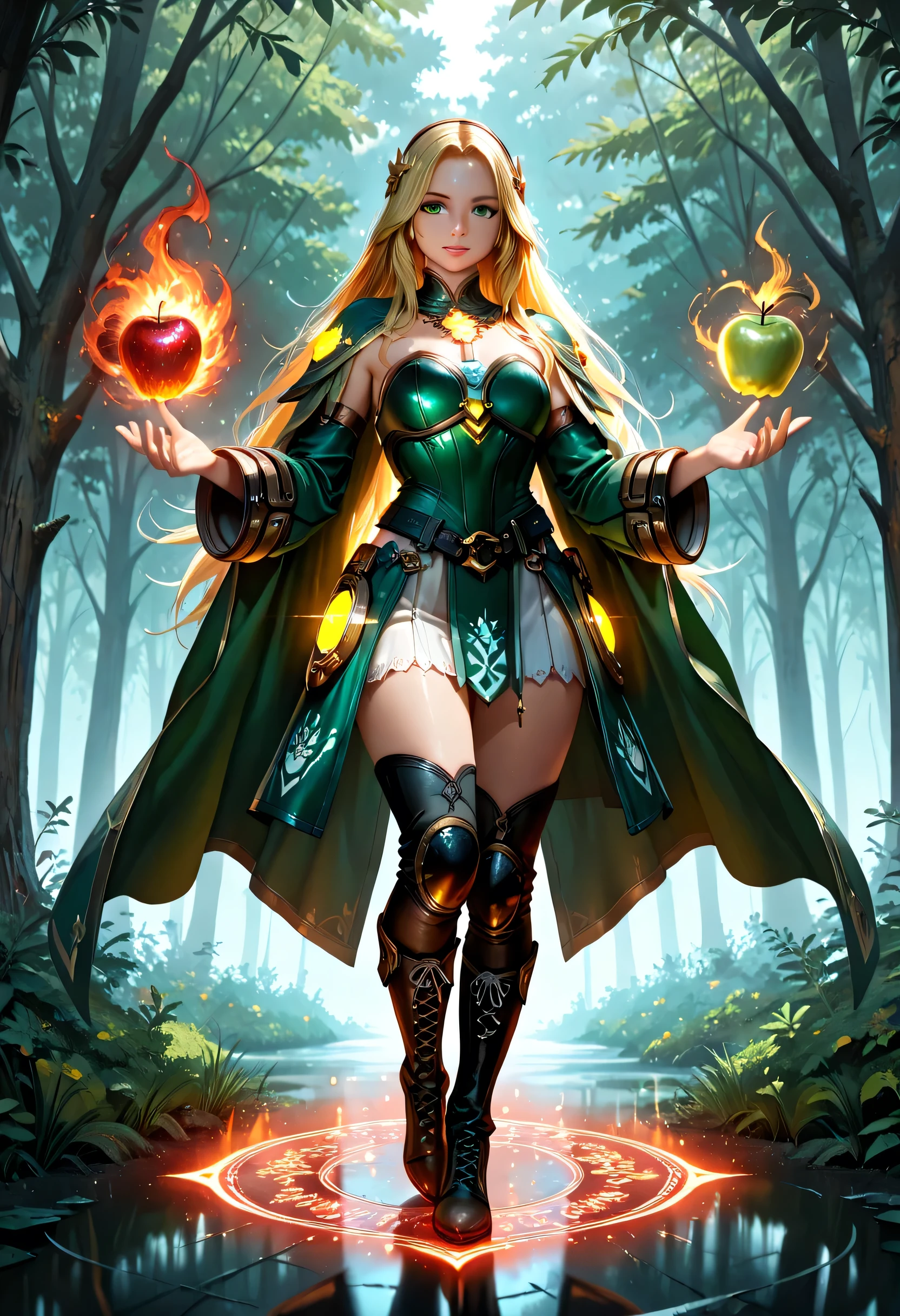 full body picture of olo woman druid, intense details facial details, exquisite beauty, cleric of nature female, ((yellow hair: 1.5)), long hair,  (green eyes: 1.3), armed with a fiery (red apple: 1.3), wearing (druid combat vestments: 1.5), wearing high heeled laced boots, wearing an (green cloak:1.3), wearing glowing holy symbol, manipulating fiery runes, fiery energy fantasy art, dnd art, RPG art, wide shot, (masterpiece: 1.4) intense details, highly detailed, photorealistic, best quality, highres, within fantasy temple of nature background, reflection light, high details, best quality, 16k, [ultra detailed], masterpiece, best quality, (extremely detailed), close up, ultra wide shot, photorealistic, RAW, fantasy art, dnd art, fantasy art, realistic art,((best quality)), ((masterpiece)), (detailed), perfect face, LOAsuccXL, strapless, lace up stilettos, fantasy, Cinematic Shot, dvr-hgh-fnt