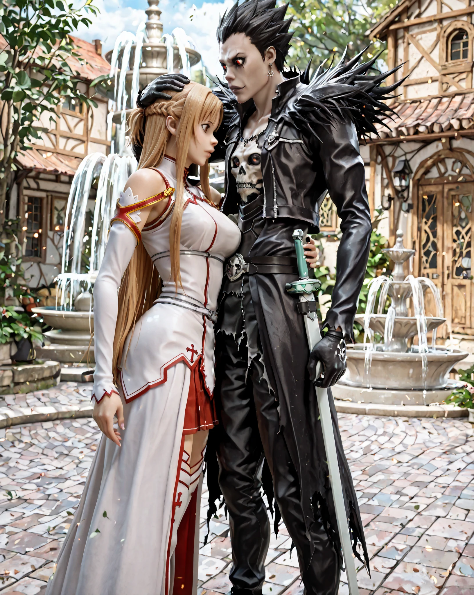 Masterpiece, best quality, amazing quality, absurdres, very aesthetic, lazypos, (a split panel image:1.42), (top panel\(Ryuk from Death Note, sh1n1gam1, standing with hand on head, exterior, fantasy village, fountain, sword art online styled)\), (bottom panel\(Asuna from Sword Art Online, aaasuna, standing with hand on head, in the world of the dead, land of shinigami from Death Note)\)