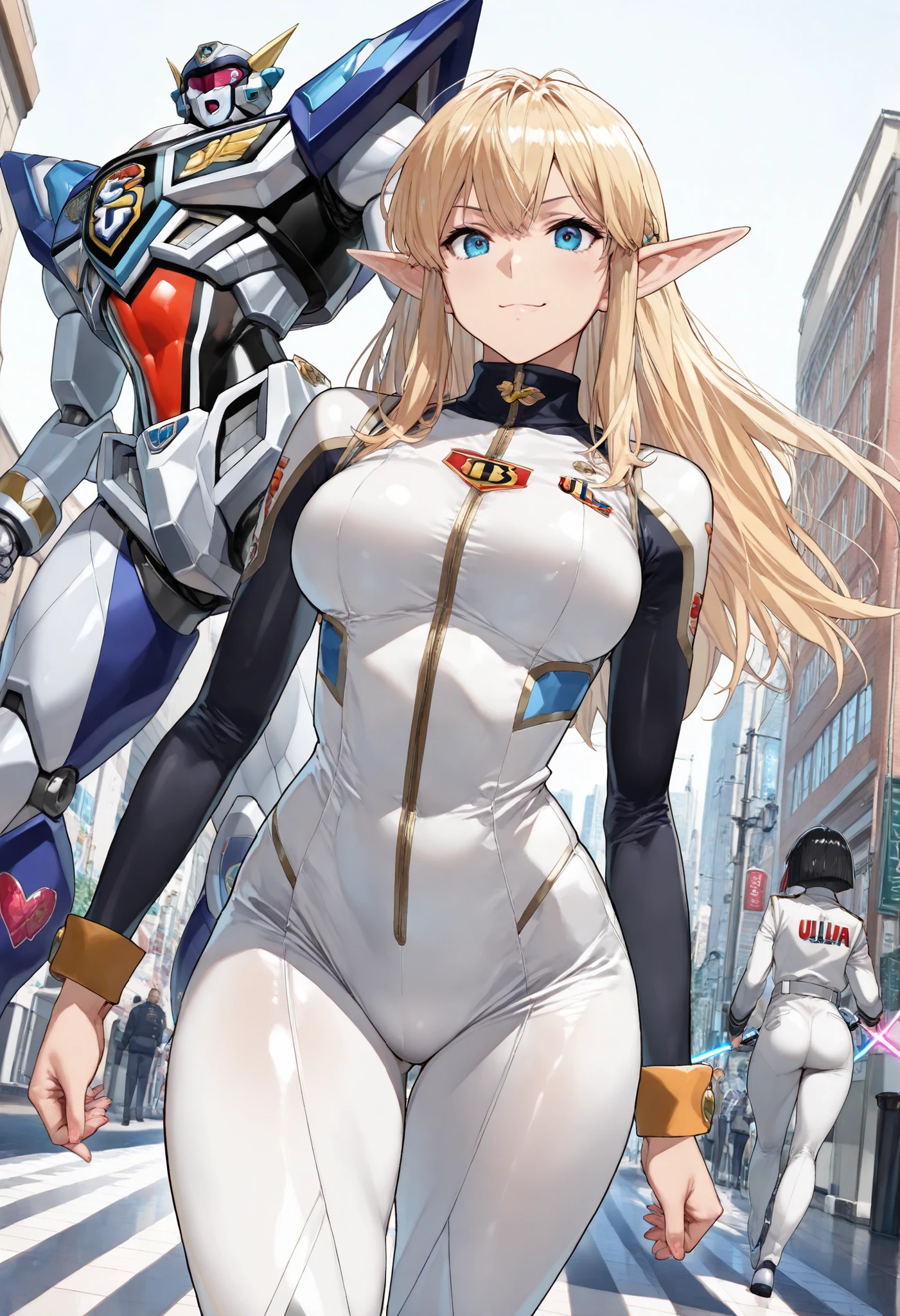 (超high resolution, retina, masterpiece, accurate, anatomically correct, SUPER DETAILS, Advanced Details, high resolution,perfect anatomy, super ultra detail, 超high resolution:1.5)、Iksar 1, Battle of Pretty Girls Android, blonde long hair in the building, wolf cut hairstyle, long elf-like ears, Black combat uniform, Laser Sword, Super alloy , Ixar Robo , サンライズのAnimated worksの様なデザイン, GIANT ROBOT, Cool standing pose, Enemy robots, battle scene, The blathead, Animated works, Big city background, (very beautiful face:1.5), (Beautiful face with perfect symmetry:1.2), (perfect anatomy), (natural breasts), ACTION POSE, (dynamic angle:1.3)、(natural light:1.3)、最High Quality、masterpiece、Official Art、High Quality、high resolution、epic scene, very detailed、Thorough、超high resolution、8k, Professional Quality、perfect lighting、解剖学的にaccurate、