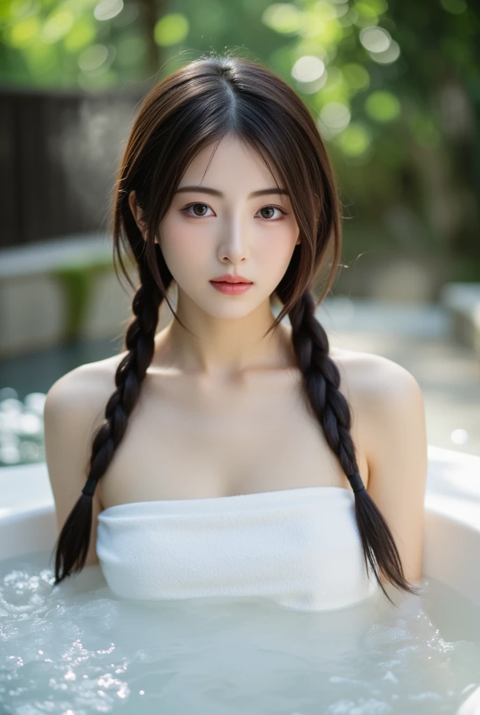 masterpiece, highest quality, very detailed, 8k, realistic, soft focus, fine and beautiful eyes, detailed face, double eyelid, 1 girl, alone, beautiful skin, real human skin, close up shot, whole body, Beautiful and firm chest, beautiful cleavage, mature body, 18 year old girl, beautiful girl, japanese idol, (french braid:1.3), brown hair, break,(Pareo dress with a zigzag chevron motif that creates a gradation with similar white colors, pink, and fuchsia, and shine brightly),break, smile,Located near the park with Big Ben in the background, model pose, NSFW、brown hair