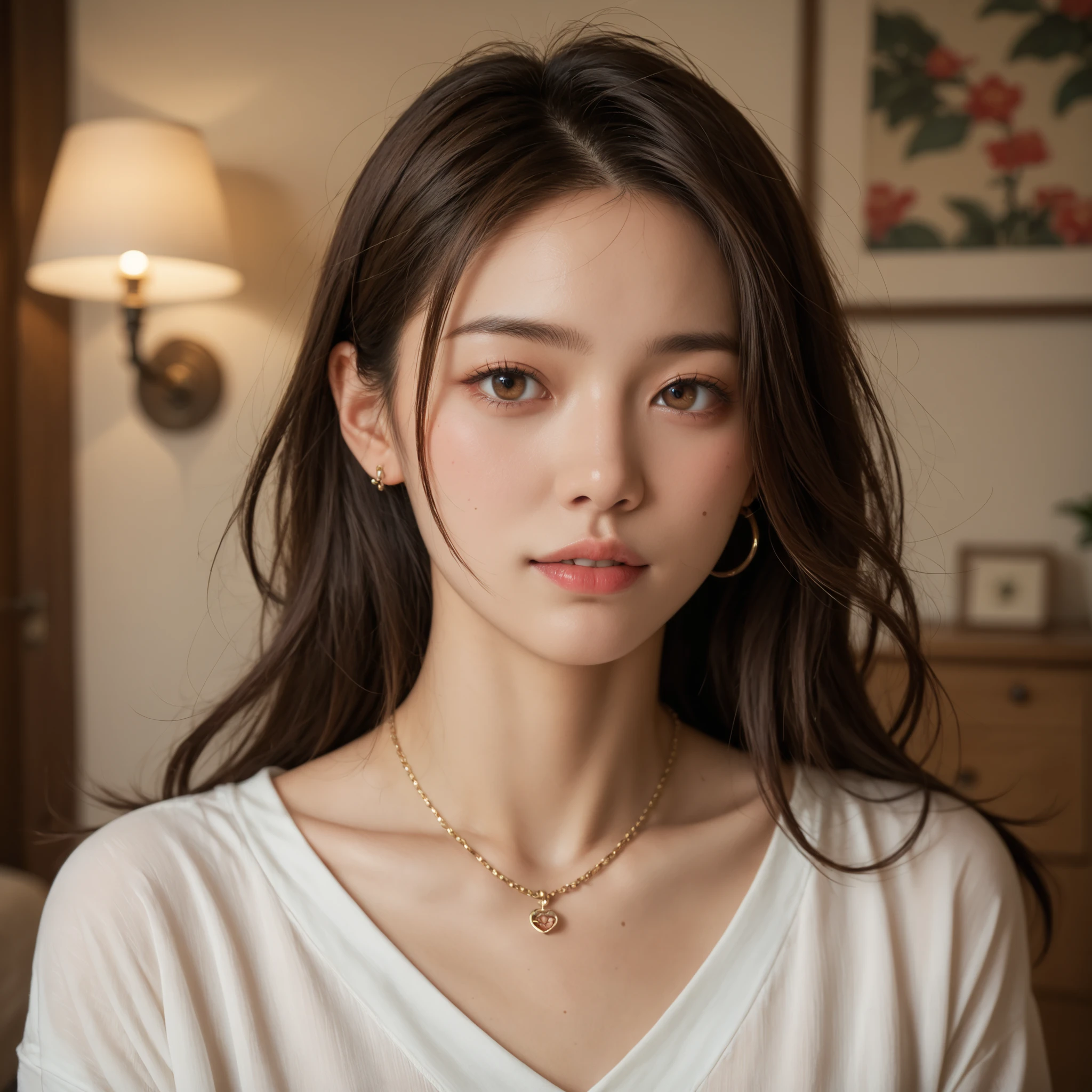 (best quality, 8k,32k,masterpiece, UHD:1.2),extremely detailed CG unity 8k wallpaper,intricate details,Raw photo,(photorealistic:1.4),atmosphere,ultra high res,Realistic,Real,Huge_filesize,incredibly absurdres,(centered:1.3),Ultra illustration,(ultra-detailed),cinematic lighting,various colors,depth of field,art by krenz cushart,golden hour lighting,taken by Canon EOS,SIGMA Art Lens 35mm F1.4,ISO 200 Shutter Speed 2000,blurry background,
BREAK,
1girl,(smile:1.2),slim body,(long straighthair:1.4),solo,20-year-old Japanese beautiful woman,(white tee shirt:1.5),(Brown hair:1.5),((brown eyes)),Large breasts,chest, Soft white skin that shines with every detail,pale skin,Very beautiful face,Very well-formed face,Natural and realistic face,Best,beautiful detailed eyes,striking eyes,Eyes drawn in detail,Detailed mouth,Detailed lips,shiny beautiful lips,Glossy lips,simple earrings,necklace,jewelry, solo focus,low neckline,
BREAK,
Back lighting,kool,Standing,
BREAK,
(Dutch angle:1.4),cowboy shot,looking at viewer,
BREAK,tzuyu,yui aragaki,
