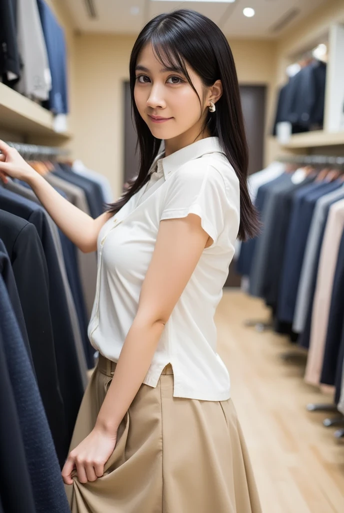 (((leaning forward:1,bent over))),Inside a suit shop,(The skin is wet from sweat),Wearing a shirt:1.2,Suits lined up,looking at the camera,Cleavage,smile,Skirt Lift、Lift your skirt with your hands,woman, 20-year-old, Short Hair、bangs、(Plain suit skirt),(White lace panties)、Cute earrings,Natural lighting