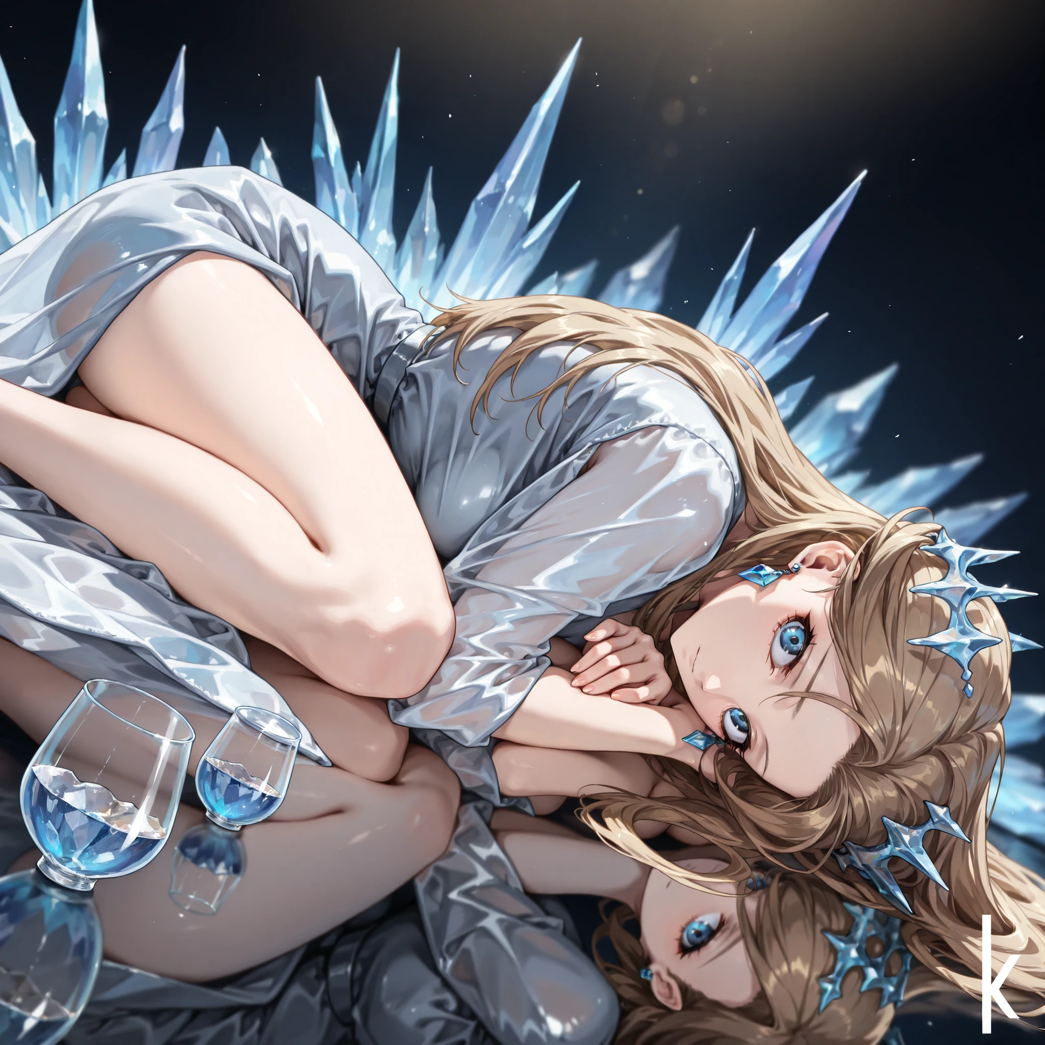 masterpiece, best quality, amazing quality, very aesthetic, high resolution, ultra-detailed, absurdres, (hands:-0.22),
1girl, woman, solo, (looking at viewer, three quarter angle, side shot, medium shot:1.19), blonde_hair, long hair, blue_eyes, (naon yuno:0.62), defKat, brown hair, long hair, earrings posing, modelshoot, modelling, memokeeper, crystal glass, reflective glass, reflective cape, crystal crown, blue flowing energy, glassy water, sitting on the floor, sitting, curled up,
BREAK, depth of field, volumetric lighting
 