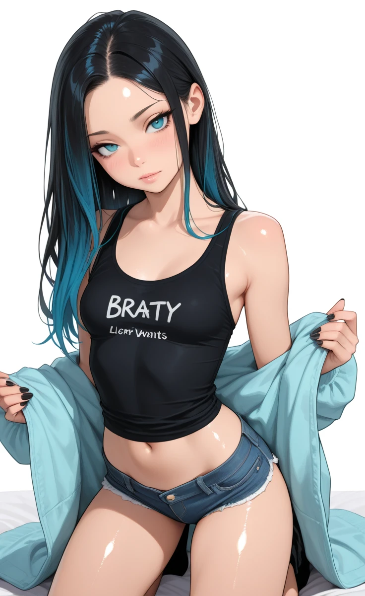 masterpiece, best quality, (extremely detailed CG unity 8k wallpaper, masterpiece, best quality, ultra-detailed, masterpiece, best quality, 1girl, solo, crop top, denim shorts, choker, (graffiti:1.5), paint splatter, arms behind back, against wall, looking at viewer, armband, thigh strap, paint on body, head tilt, bored, multicolored hair, aqua eyes, headset, Nico Robin,