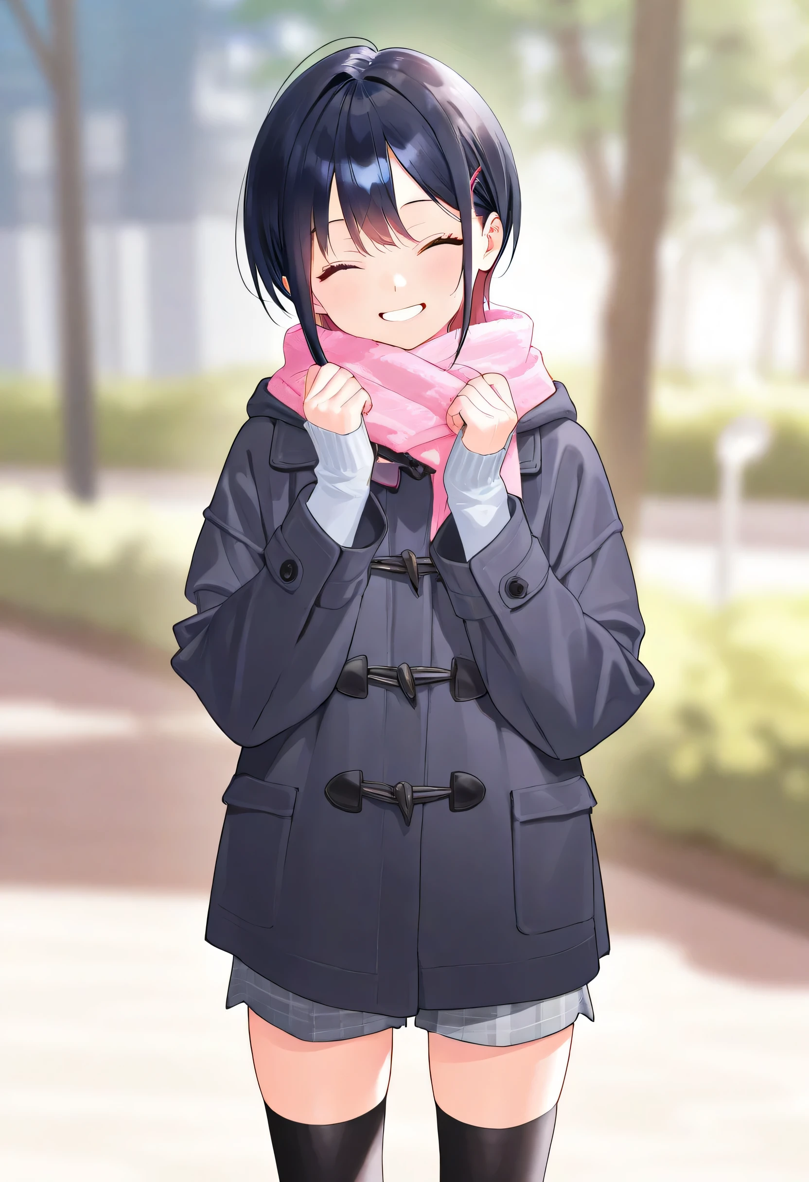 【artist:Matsuo Porridge】score_core_8_up、score_7_up、source_anime、masterpiece 、 top quality 、 newest 、 Safety 、Good Quality、Super Detail、very beautiful、absurd、blurry background、depth of field、Good move、detailed hair、dark hair、beautiful man、Detailed Faces、beautiful face、Young face、one boy、solo、closed eyes with a smile、standing 、simple background hidden by clothes、Similar to Nakamasa Ichika