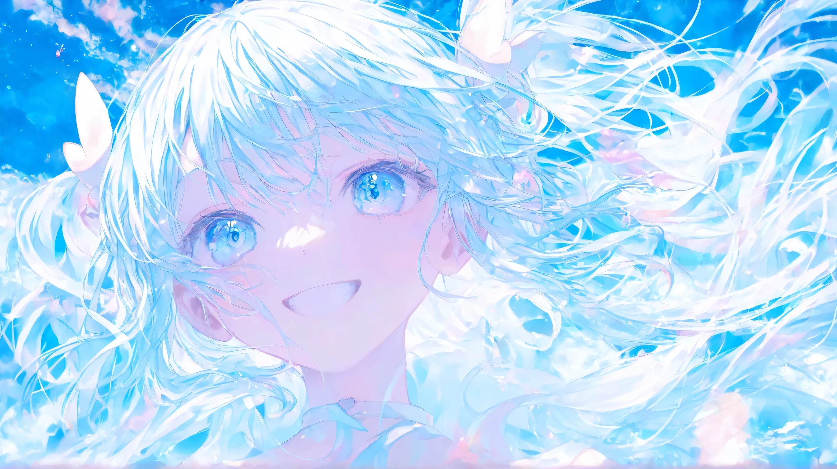 Soft Line, alone,top quality, beautiful, light blue abbasa dress, girl, a puppy, solo, girl1人, happy,is standing, watch viewers, look to the side, semi-long, light blue hair tied at the top, light blue eyes, Eyes Open, pale skin, , , age , colorful,close, calm colors ,score_9,score_8_up,score_7_up,expressive H ,rating_safe,(masterpiece, top quality), happy/joy,  bright eyes , , so cute、A girl who looks doted on、The cuteness that makes you fall in love at first sight  、 Alice in Wonderland 、