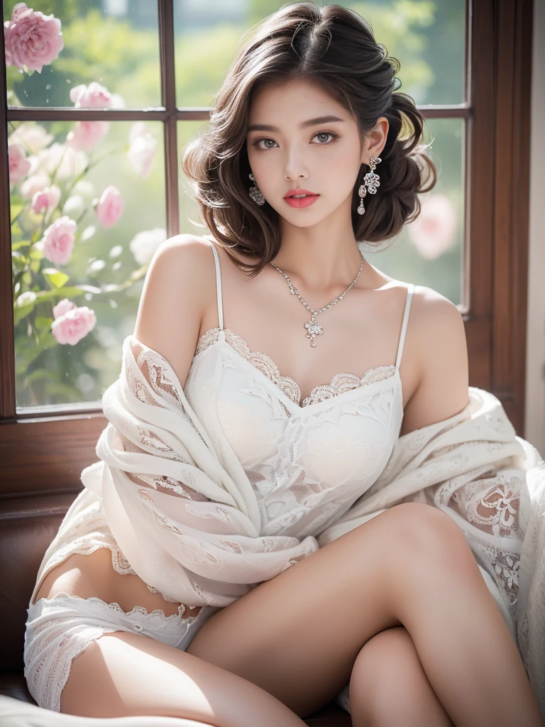 a beautiful young korean idol woman, 1girl, extremely detailed eyes, long eyelashes, beautiful detailed lips, flawless skin, elegant expression, intricate jewelry, detailed clothing, cleavage, small breasts, (best quality,4K,8K,highres,masterpiece:1.2),ultra-detailed,(realistic,photorealistic,photo-realistic:1.37),studio lighting,HDR,vivid colors,professional photography