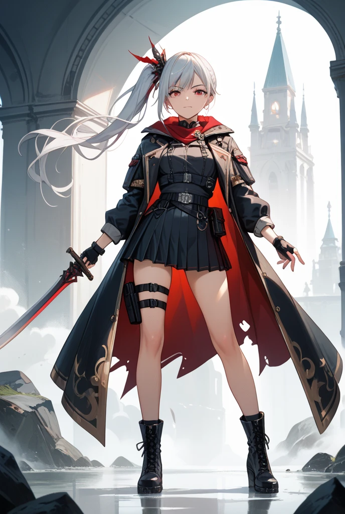 a cool and silent slim age female mercenary with a slender build, long silver hair tied in a side ponytail, sharp red eyes, wearing a dark gray high-neck combat shirt, a black short pleated skirt with tactical belts, thigh holsters, and black combat boots. She wears fingerless gloves and a dark, slightly tattered cloak draped over her shoulders like a mantle. She holds a simple one-handed sword with a red gem in the hilt. Her expression is cold and emotionless, standing in a quiet battle-ready pose. Her hair and cloak flutter slightly in the wind. The scene emphasizes her slender silhouette and piercing gaze. anime-style, full body portrait, dark fantasy setting, sharp lines, detailed design, slim figure, dramatic lighting,white background, no background