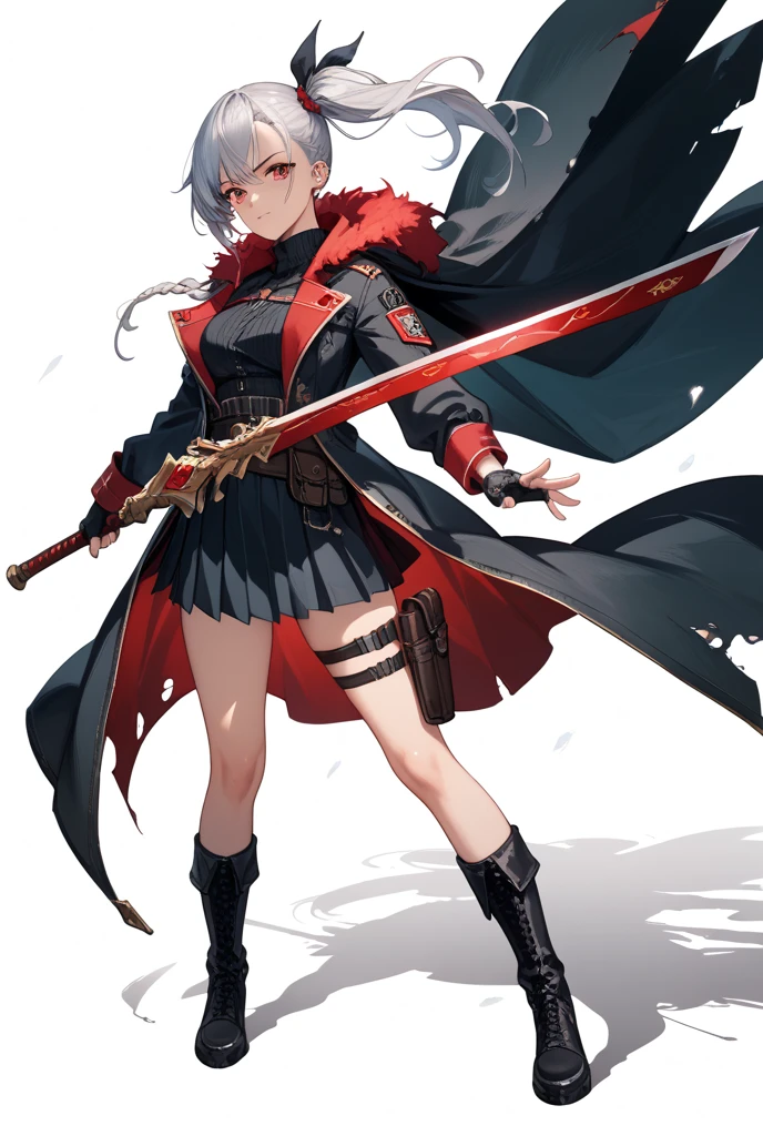 index and middle fingers crossed behind her back, blood, in knee high dress, dark blue, bright grey eyes, full body. women, booty, seductive, fighting stance, fist up
