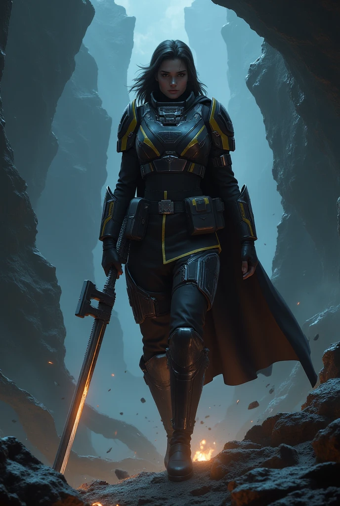 sci-fi, space rogue thief girl, (smirk:1.1), short hair, black hood, light armor, big grey eyes, beautiful detailed eyes, drawn by Greg Rutkowski, Yoji Shinkawa:0.6