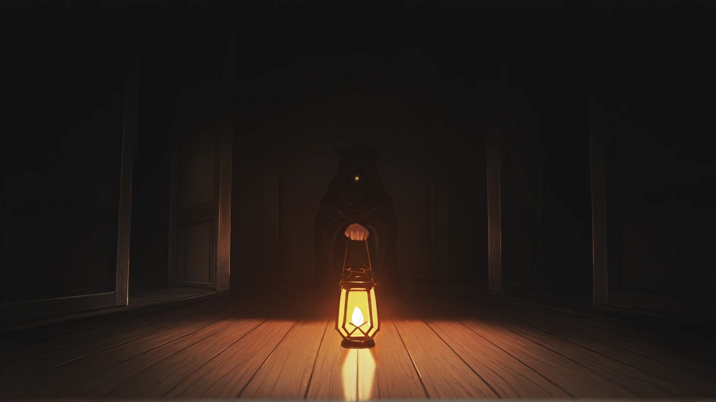 In a dark haunted house, horror, fear , It's muggy , steamy , rabbit ear girl , holding back pee , Disarray of clothing , Shadows seen through the curtains