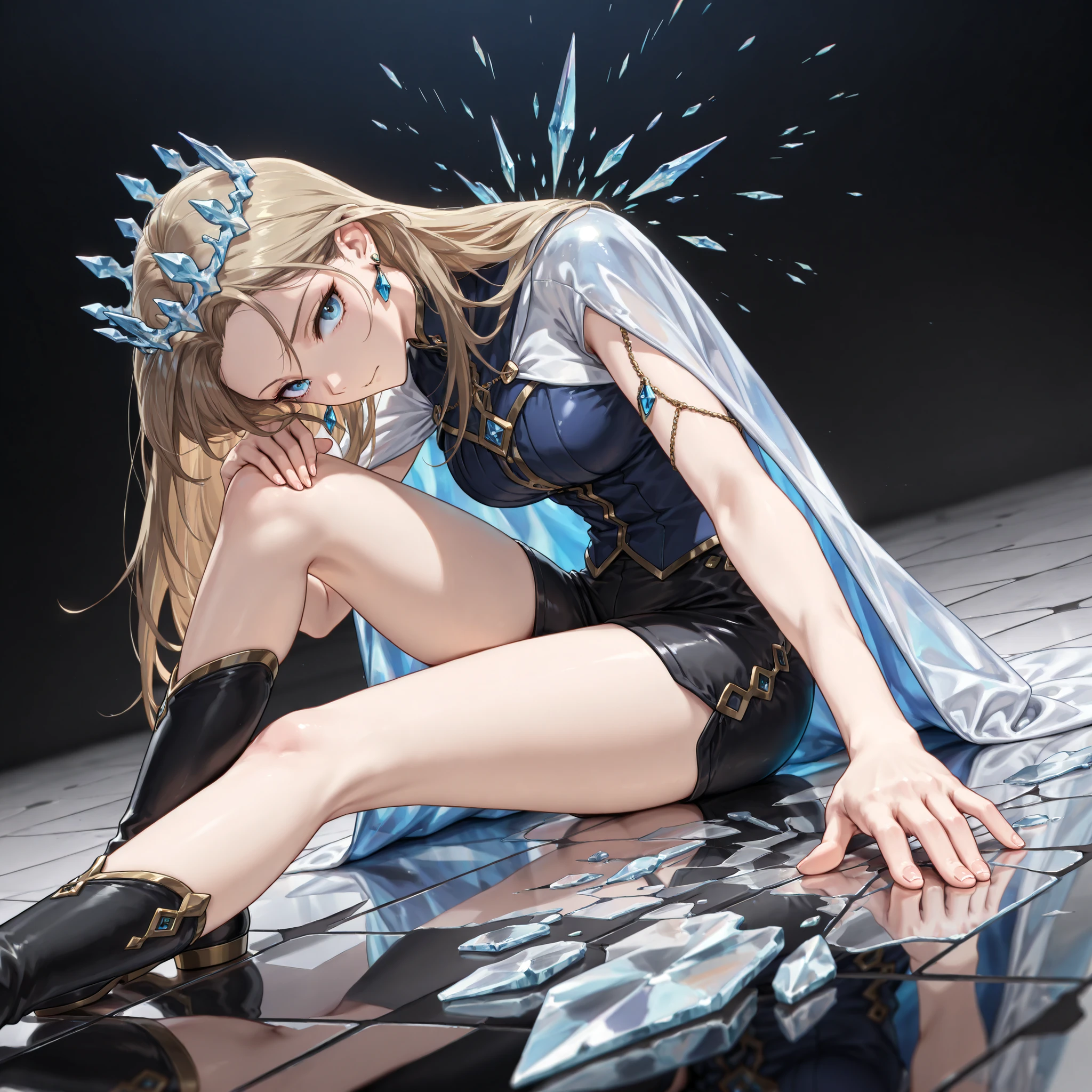 masterpiece, best quality, amazing quality, very aesthetic, high resolution, ultra-detailed, absurdres, (hands:-0.22),
1girl, woman, solo, (looking at viewer, three quarter angle, quarter shot, medium shot:1.19), blonde_hair, long hair, blue_eyes, (naon yuno:0.62), defKat, brown hair, long hair, earrings posing, modelshoot, modelling, memokeeper, crystal floor, shattered floor, cracked floor, reflective cape, crystal crown, blue flowing energy, glassy water, sitting on the floor, sitting, pulling her knee to her shoulder,
BREAK, depth of field, volumetric lighting