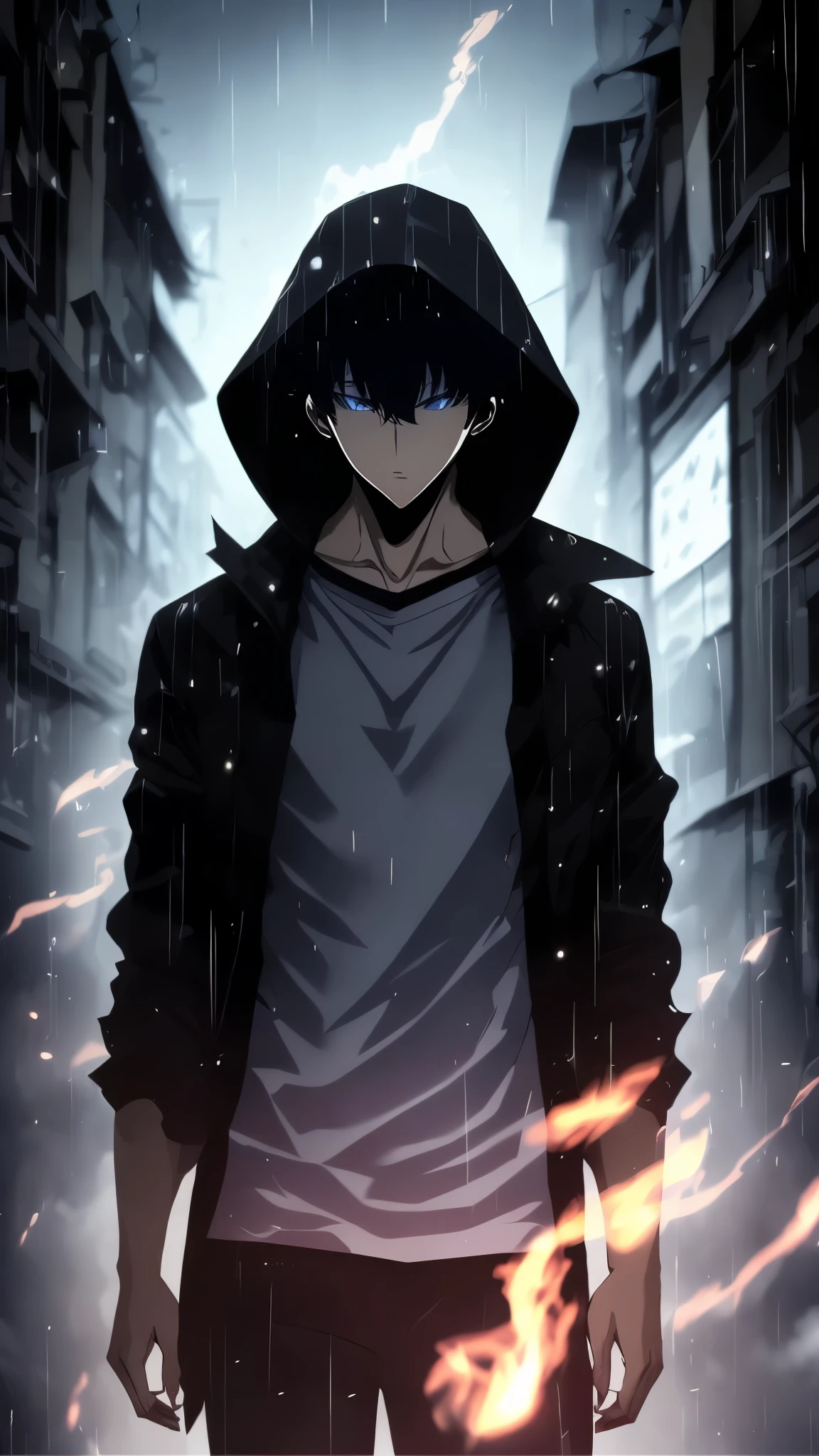 Ultra-detailed, 8K masterpiece portrait of a solo male character inspired by Kaneki Ken from Tokyo Ghoul, in the art style of Solo Leveling. White short hair, red glowing eyes, pale skin, cinematic lighting, strong depth of field. Wearing a black hood up, drenched in rain, standing alone in a dark Tokyo cityscape. Bangs covering part of face, intense gaze looking at viewer, moody and dramatic expression. Dark nail polish, luxurious fabric textures on clothes, ray tracing reflections, ultra-sharp details, high contrast shadows, ethereal atmosphere. Solo focus, male protagonist aesthetic, anime style with a modern, powerful twist.