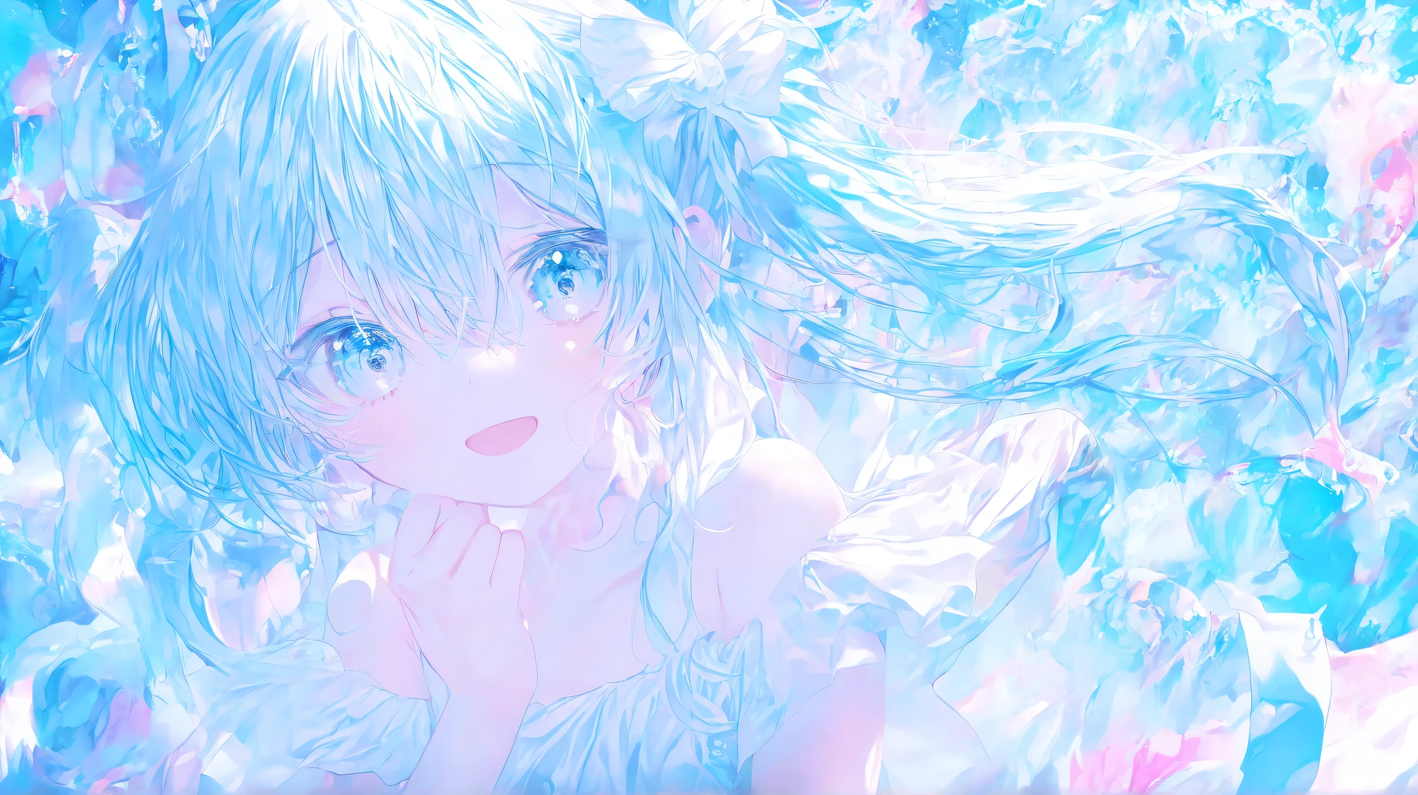Soft Line, alone,top quality, beautiful, light blue abbasa dress, girl, a puppy, solo, girl1人, happy,is standing, watch viewers, look to the side, semi-long, light blue hair tied at the top, light blue eyes, Eyes Open, pale skin, , , age , colorful,close, calm colors ,score_9,score_8_up,score_7_up,expressive H ,rating_safe,(masterpiece, top quality), happy/joy, bright eyes , , so cute、A girl who looks doted on、The cuteness that makes you fall in love at first sight 、 Alice in Wonderland 、