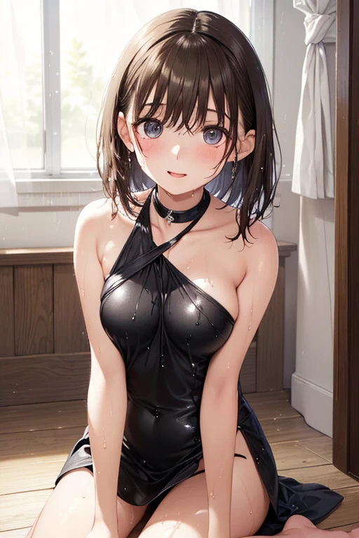 ((Tank top, skirt)), skindentation, skinny, solo, 1 woman, Masterpiece, highest quality, highest quality, 16K, incredibly absurd, highly detailed, 2.5D, ai-generated, delicate and dynamic, very delicate facial expressions, delicate eye depiction, erotic, only sexy woman, ((A cute and kind face)), healthy figure, 25-year-old woman, 160cm tall, medium firm swaying bust, blush, Sweat,Embarrassed,sexy, ((thin thighs)), (Erect nipples:0.7), (visible nipples:0.5), ((shiny and lustrous)), facing straight at viewer, ((brown black skin)), ((Oily_skin)), sweaty skin, wet skin, dutch angle, ((sexy pose)), Dynamic poses,