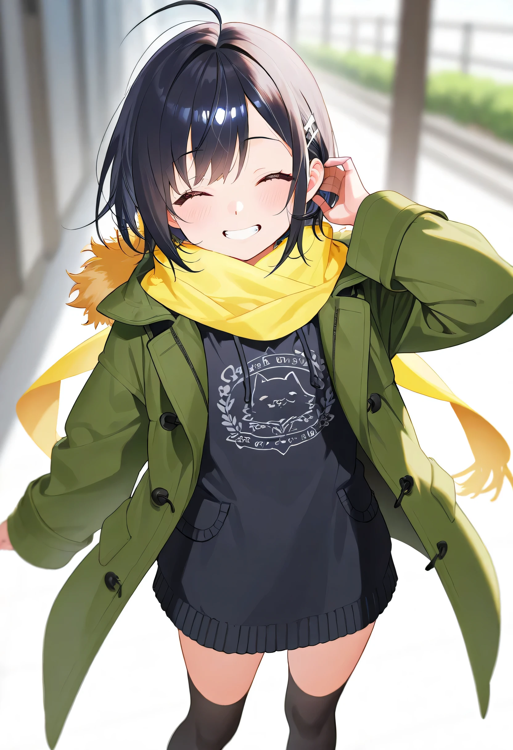 【artist:Matsuo Porridge】score_core_8_up、score_7_up、source_anime、masterpiece 、 top quality 、 newest 、 Safety 、Good Quality、Super Detail、very beautiful、absurd、blurry background、depth of field、Good move、detailed hair、dark hair、 male、Detailed Faces、beautiful face、Young face、one boy、solo、closed eyes with a smile、green coat with fur、Wears dark denim、standing 、simple white background、looks like Ichika Nakamasa but is a man