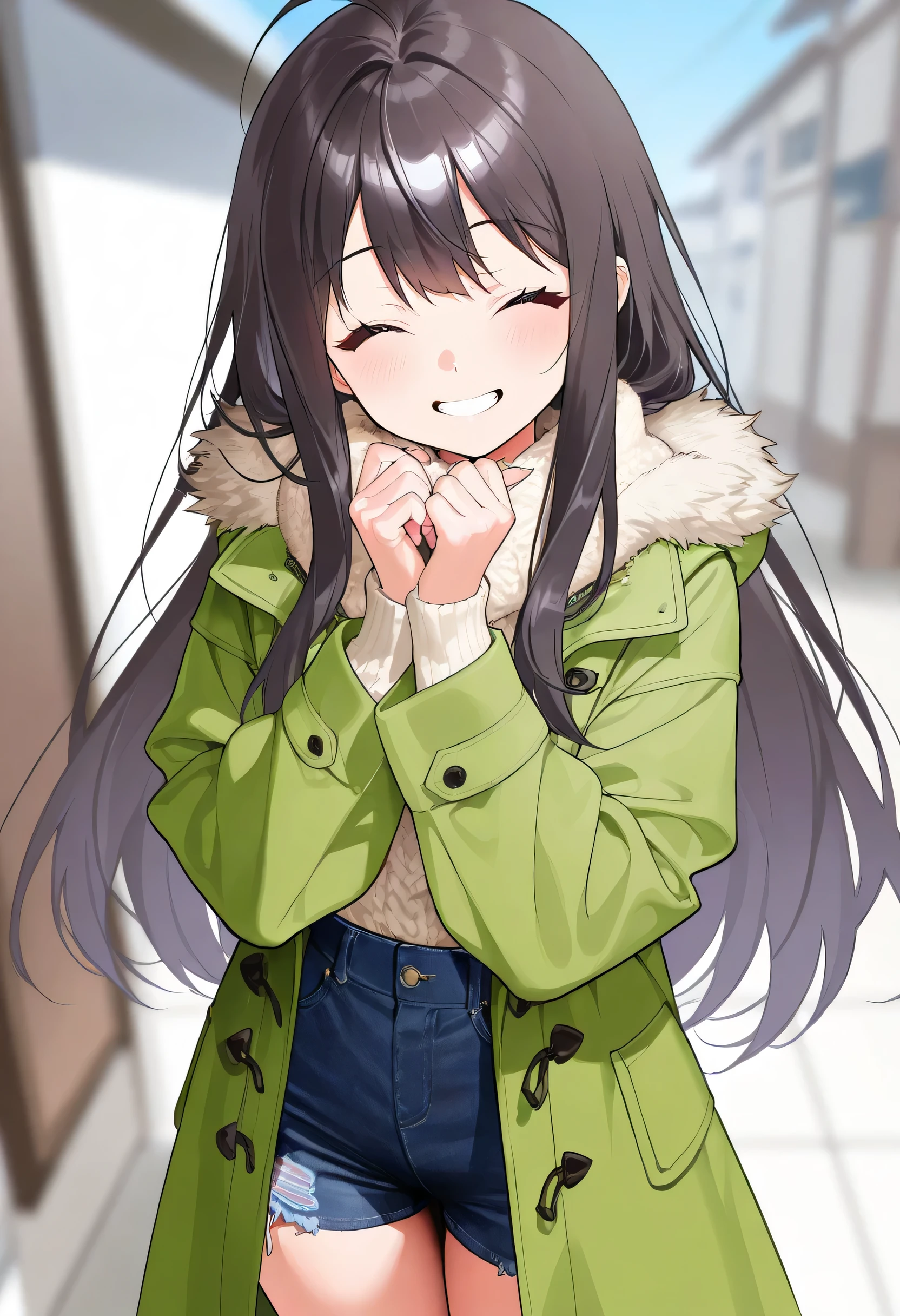 【artist:Matsuo Porridge】score_core_8_up、score_7_up、source_anime、masterpiece 、 top quality 、 newest 、 Safety 、Good Quality、Super Detail、very beautiful、absurd、blurry background、depth of field、Good move、detailed hair、dark hair、 male、Detailed Faces、beautiful face、Young face、one boy、solo、closed eyes with a smile、green coat with fur、Wears dark denim、standing 、simple white background、looks like Ichika Nakamasa but is a man