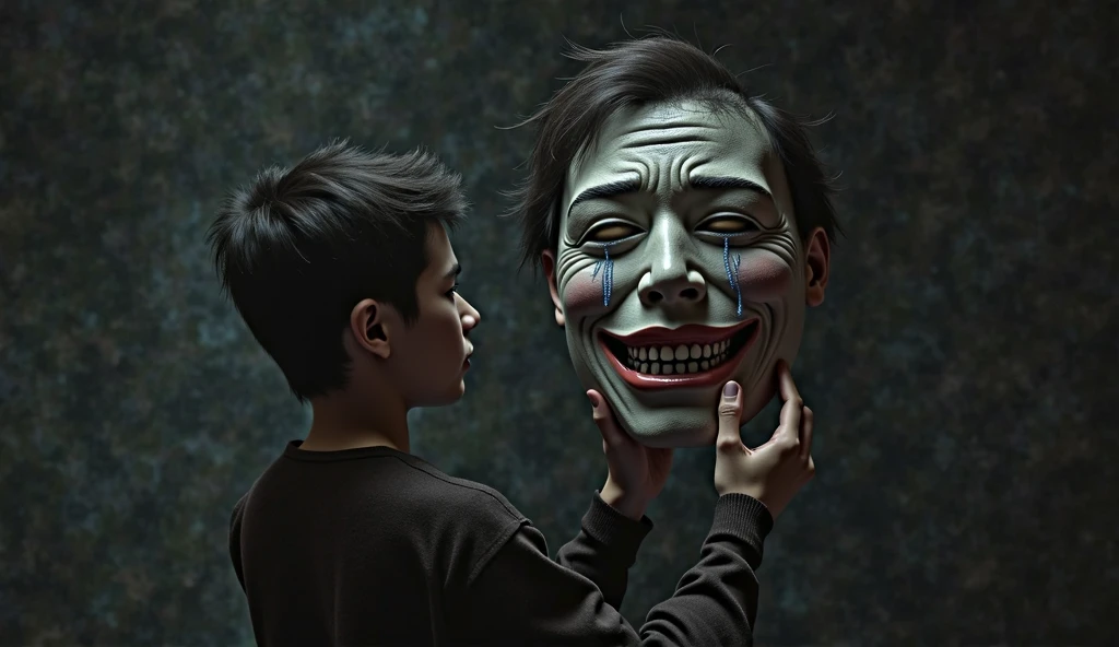 Painting of a boy holding a smiling mask beside his face and his face is crying