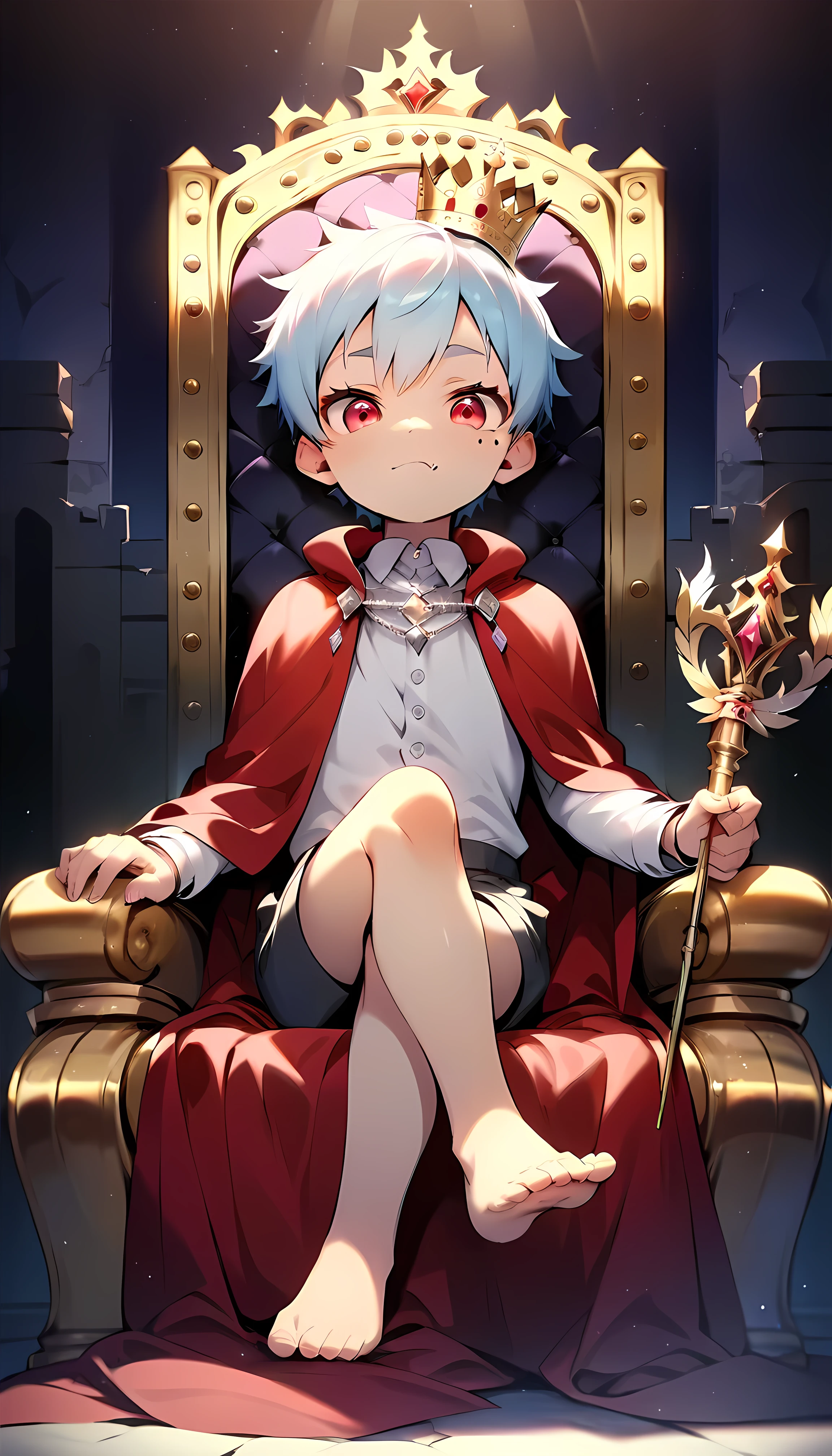 (score_9, score_8_up, score_7_up), (cute face:1.2), (detailed eyes:1.3), (cute eyes), (shiny eyes), (masterpiece eyes), (1 boy), (shota:1.5), (sitting on king chair:1.3), (leg crossed:1.3), (barefoot:1.2), (left hand on chine:1.3), (right hand holding sceptre:1.2), (purple shining stone on top of scepter:1.2), (crown on head), (diamond on crown), BREAK (red cloak:1.3), (white fur), (gold dress shirts), (black short pants:1.3), BREAK (light blue hair), (wine red eyes:1.2), (black irises), (eyes with highlight:1.2), (mole under eye), fang, (serious), BREAK (castle palace:1.3), (black king chair), (soft white lighting:1.2), (sunburst), (silver necklace), (look at viewer), (soft natural lighting), from below,