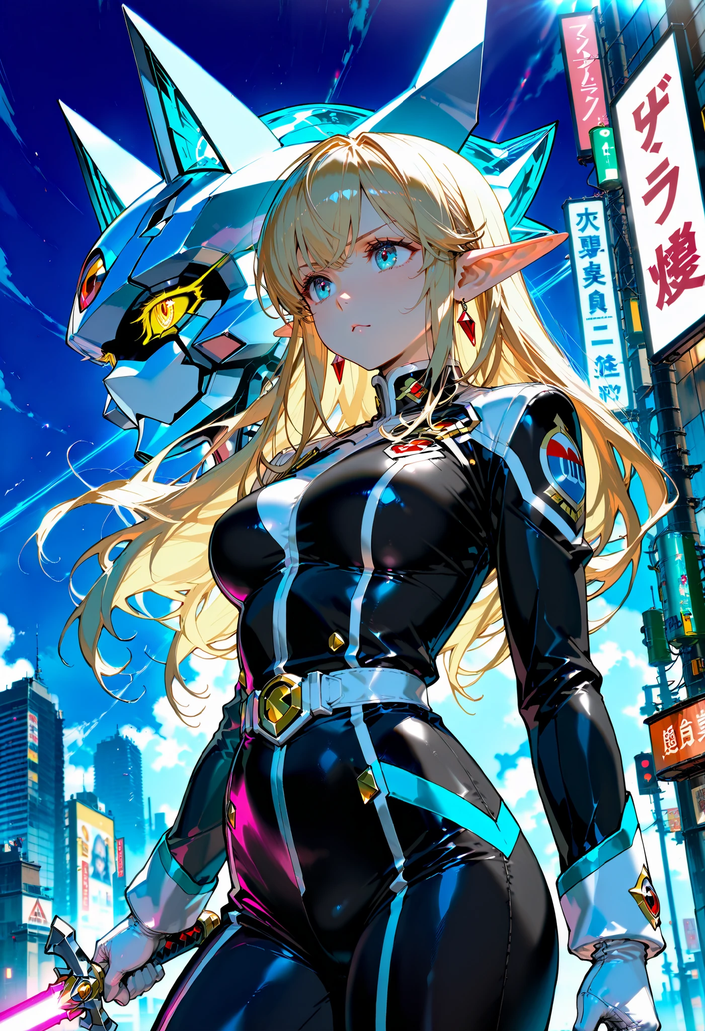 (超high resolution, retina, masterpiece, accurate, anatomically correct, SUPER DETAILS, Advanced Details, high resolution,perfect anatomy, super ultra detail, 超high resolution:1.5)、Iksar 1, Battle of Pretty Girls Android, blonde long hair in the building, wolf cut hairstyle, long elf-like ears, Black combat uniform, Laser Sword, Super alloy , Ixar Robo , サンライズのAnimated worksの様なデザイン, GIANT ROBOT, Cool standing pose, Enemy robots, battle scene, The blathead, Animated works, Big city background, (very beautiful face:1.5), (Beautiful face with perfect symmetry:1.2), (perfect anatomy), (natural breasts), ACTION POSE, (dynamic angle:1.3)、(natural light:1.3)、最High Quality、masterpiece、Official Art、High Quality、high resolution、epic scene, very detailed、Thorough、超high resolution、8k, Professional Quality、perfect lighting、解剖学的にaccurate、