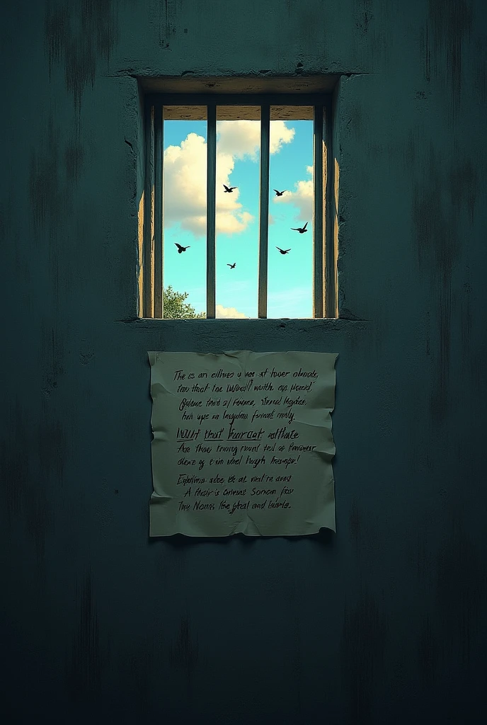 A dark prison wall with a small barred window. Through the window ...
