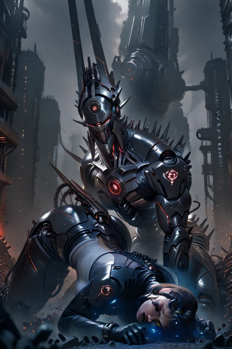 A cyber vampire in a futuristic space colony surrounded by mysterious creatures and dark and mysterious cyborgs