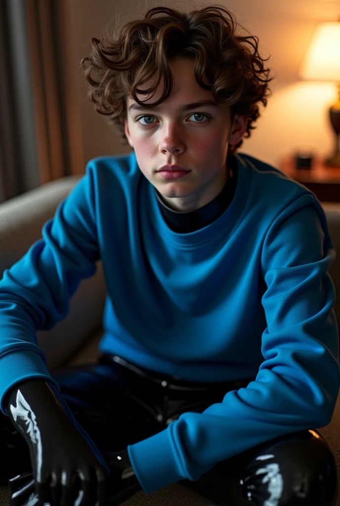 a beautiful boy, 16 years, rasgos Europeans muy finos, Brown hair, blue eyes, sad look, peaceful look, very sensible, very sad, ELEGANT DRESS, European, London, rain, Cold, winter, snow, Christmas, loneliness, melancholia, fire in the room, Chimney, strong bare chest, shapely legs, big nipples, strong nipples.