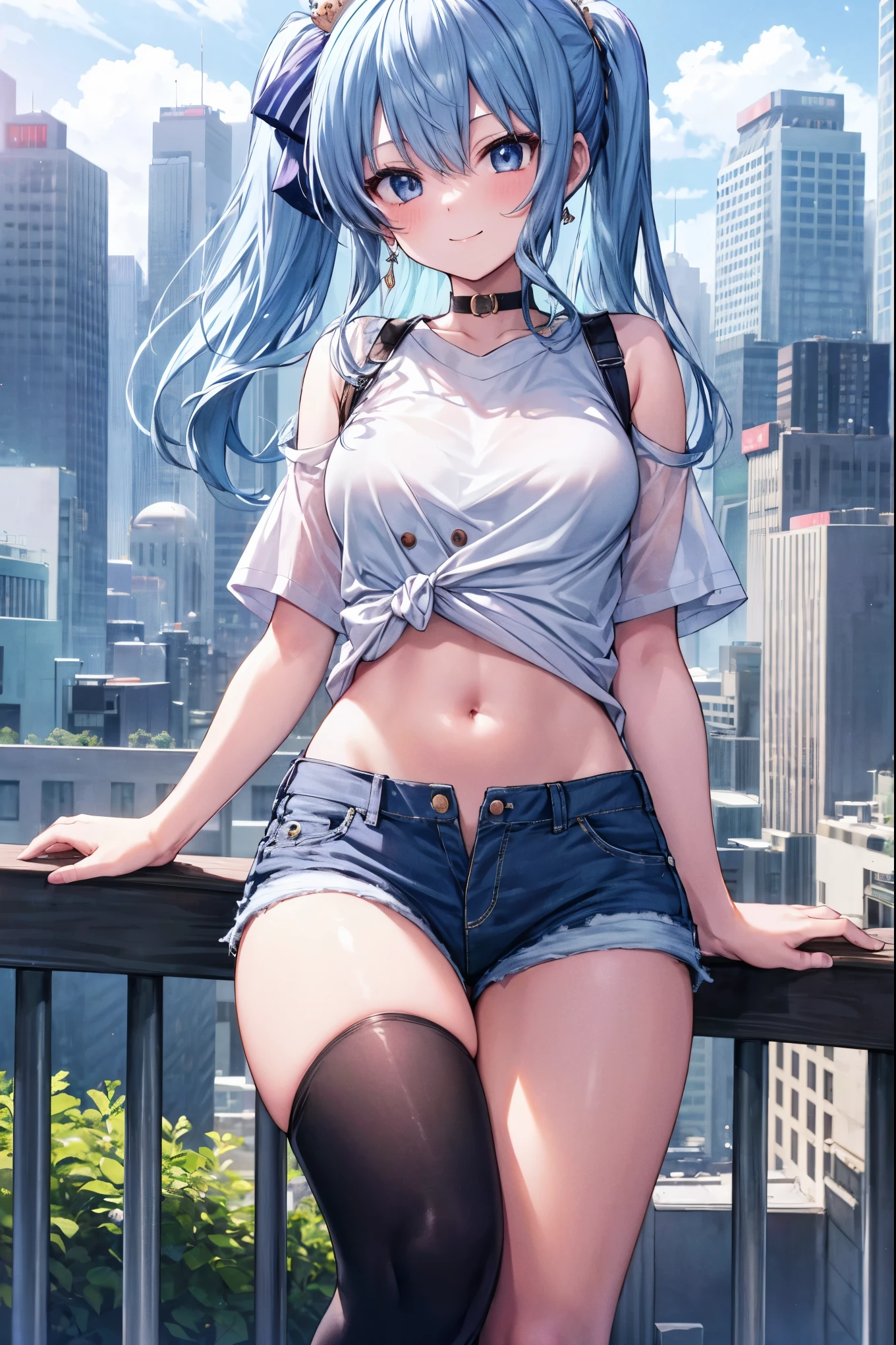 (8K、Top image quality、top-quality、masterpiece)、1 girl in、blue hairs、Long Wave Hair、Orange eyes、piercings、Moderately breasts、Big white t-shirt、see-through bra、denim short shorts、cowboy shot、City background、Taken from below