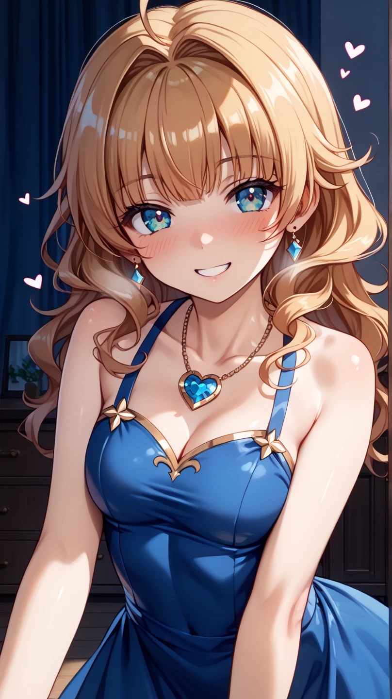 Idol Party game icon, smile,light bronze hair,blue eyes,universary, one girl,pink princess off the shoulder dress, salute hand,long hair,blink left eye,wearing gold heart wing crown, gold necklace
