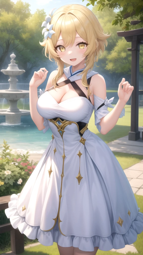 Lumine | genshin impact, master-piece, bestquality, 1girls,25 years old, proportional body, proportional., Wedding Dresses, White Wedding Dress, wedding, gigantic breasts, ,bara, choker, Standing in the middle of a flower garden, outdoor, The sky is beautiful, arm behind back, View viewers from the front., Thigh strap, Head tilt, bored, 10, 10, HD, slight smile,