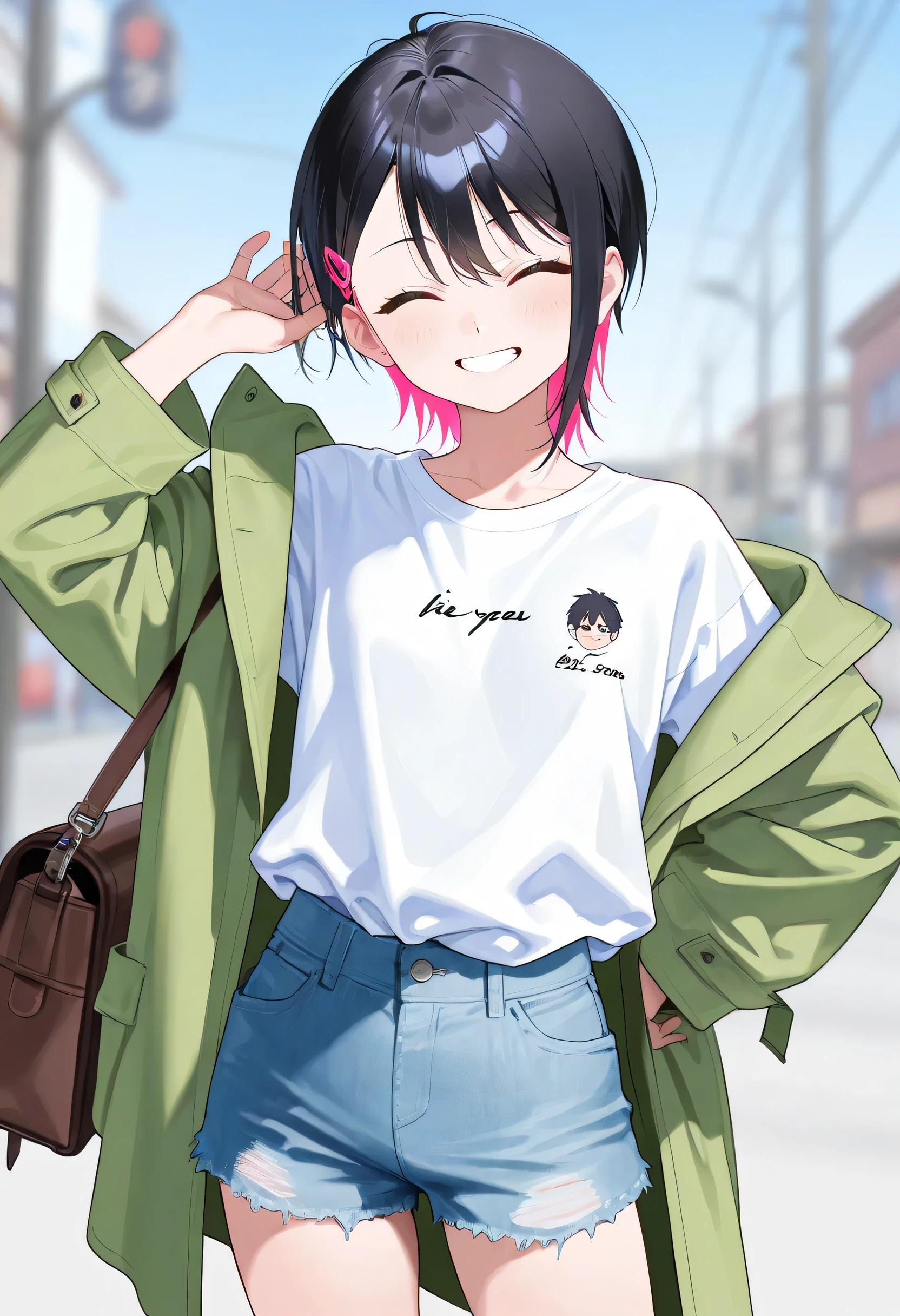 【artist：Matsuo Porridge】score_core_8_up、score_7_up、source_anime、masterpiece 、 top quality 、 newest 、 Safety 、Good Quality、Super Detail、very beautiful、absurd、blurry background、depth of field、Good move、detailed hair、 black short hair、hide your forehead with bangs as much as possible、I have a little too much hair、beautiful man、Detailed Faces、beautiful face、Young face、1人のboy、boy（More than a man ）、 figure、Asian-like white skin、solo、closed eyes with a smile、short green coat with fur、white long sleeve t-shirt、plain t-shirt、wear dark, long denim、standing 、white background、Similar to Nakamasa Ichika、
