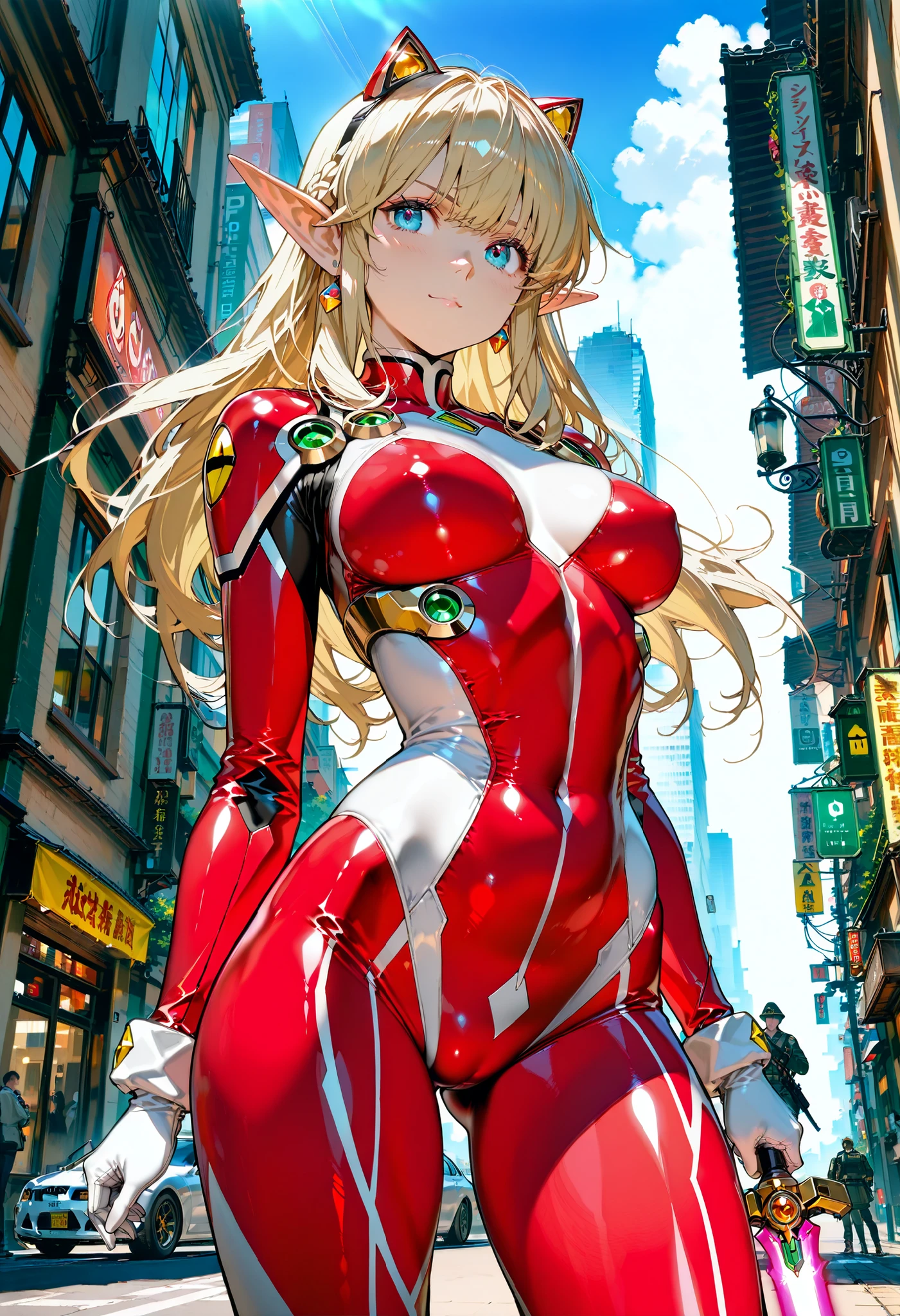 one girl closeup, HDR, Hi Res, perfect hands, pretty woman, blonde hair, green eyes, red lipstick, perfect face, perfect legs, perfect arms, dragon girl, mecha musume, headgear