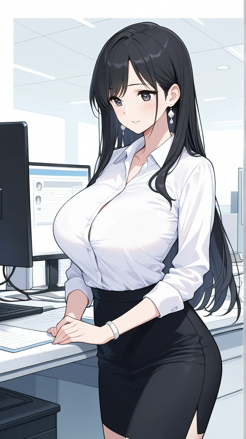 (solo 1 very skinny girl standing in office:1.3), (swaying back), (arms behind back), (business suits:1.3), black blazer over white dress shirts, blazer with closing chest, (bursting gigantic huge breasts:1.2), necktie, (inconceivably narrow waist:1.²), too short black skirt, thigh gap, highheels, nose blush, perfect anatomy, orgasm