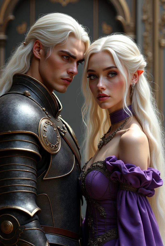 Daemon Targaryen with long hair ,tenderly making love to him, a young woman with platinum blonde hair and purple eyes