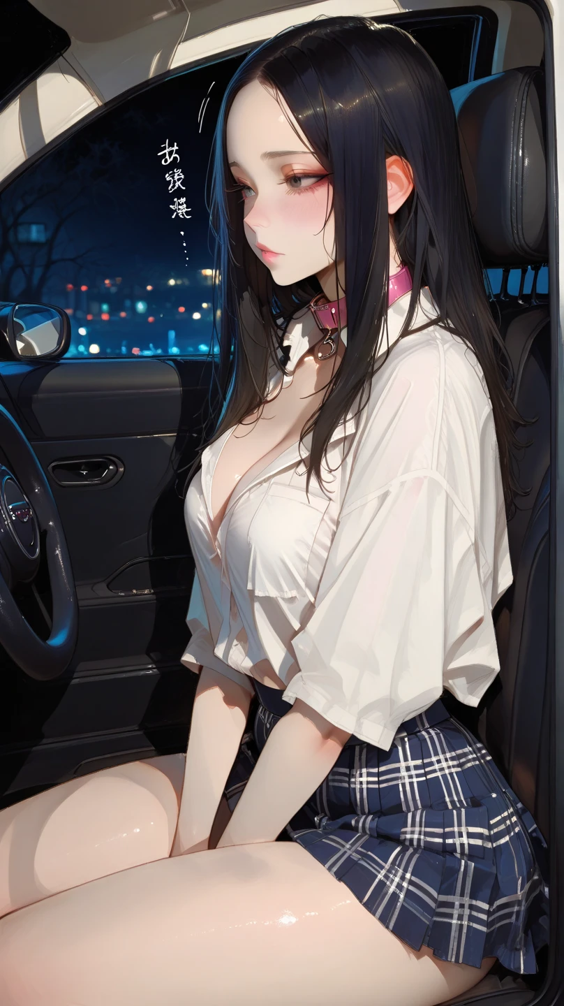 High school girl with long black hair、Navy checkered skirt、high socks、Cardigan、White blouse and tie、inside of a car、(no panties),(no bra),(pussy juice),(pussy juice)、(Masturbate)、(dildo in the vagina),Sheer blouse,(I’m coming),(Open your crotch)、vagina,Drooping