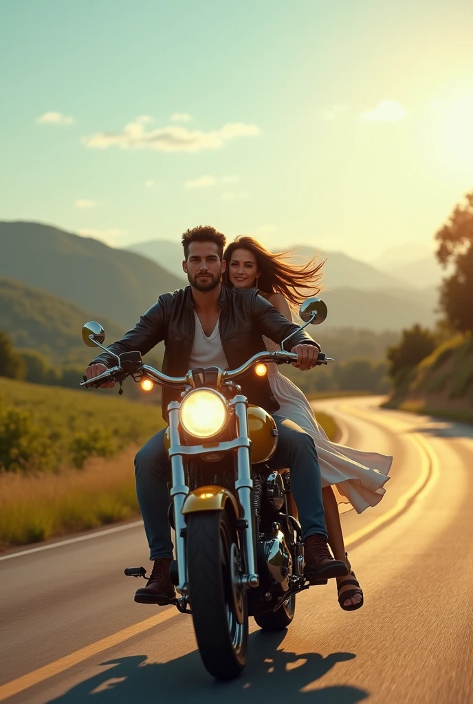 Hairy man with long, brown hair riding a motorcycle and his long brown haired girlfriend on the hairy man without a beard.