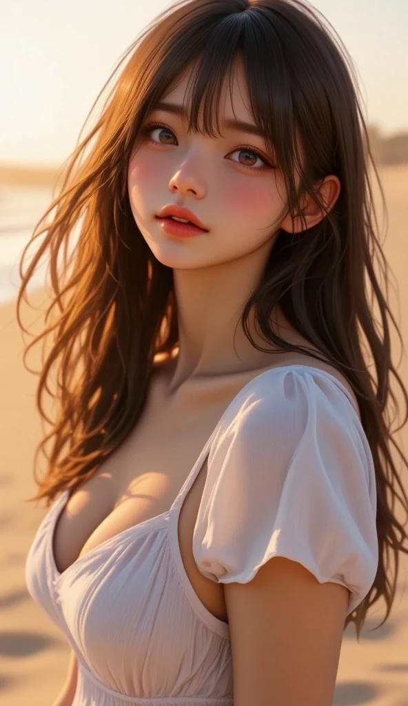 {{{16k}}},{{{masterpiece}}}, {{{best quality}}}, {{{ultra detailed}}},{{{an extremely delicate and beautiful}}},One girl,(Fisheye Lens:1.1),Ocean,Wind,black hair,shining hair,sunset,Beach,(Aesthetics and atmosphere:1.2),realisitic,depth of fields,Big eyes,((large breasts:1.3)),Skinny,Enchanting,beauitfulface,White dress,Showcasing cleavage,Swayback stance,A light smile,Happy,Shallow depth of field,With bangs,Layered cut,Hoop Earrings,Hair Ribbon,