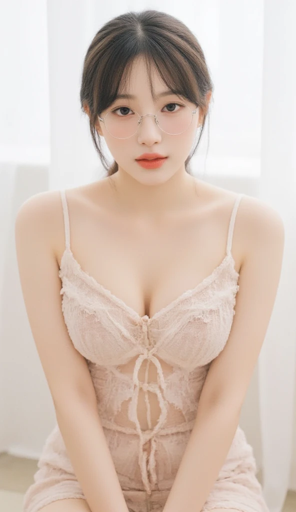 (Girl Standing In Office Changing Room)ulzzang -6500-v1.1、(Raw foto:1.2)、(Photorealsitic:1.4)、a beautiful detailed girl、extremely detailed eye and face、beatiful detailed eyes、A smile、huge filesize、ultra-detailliert、hight resolution、ighly detailed、top-quality、masterpiece、(((Light Pink Tube Top Dress、off shoulders)))、((No bra))、((White lace panties))、illustratio、ighly detailed、nffsw、unification、8k wallpaper、astonishing、finely detail、masterpiece、top-quality、Highly detailed ticker uniform 8K wallpaper、 Light on the Face、电影灯光、1girl in、sixteen years old、Long grey hair、side split、(Beautiful breasts)、(eye glasses)、((dynamicposes))、((sexypose)))、(camel's toe)、(half)、(panthyhose)、